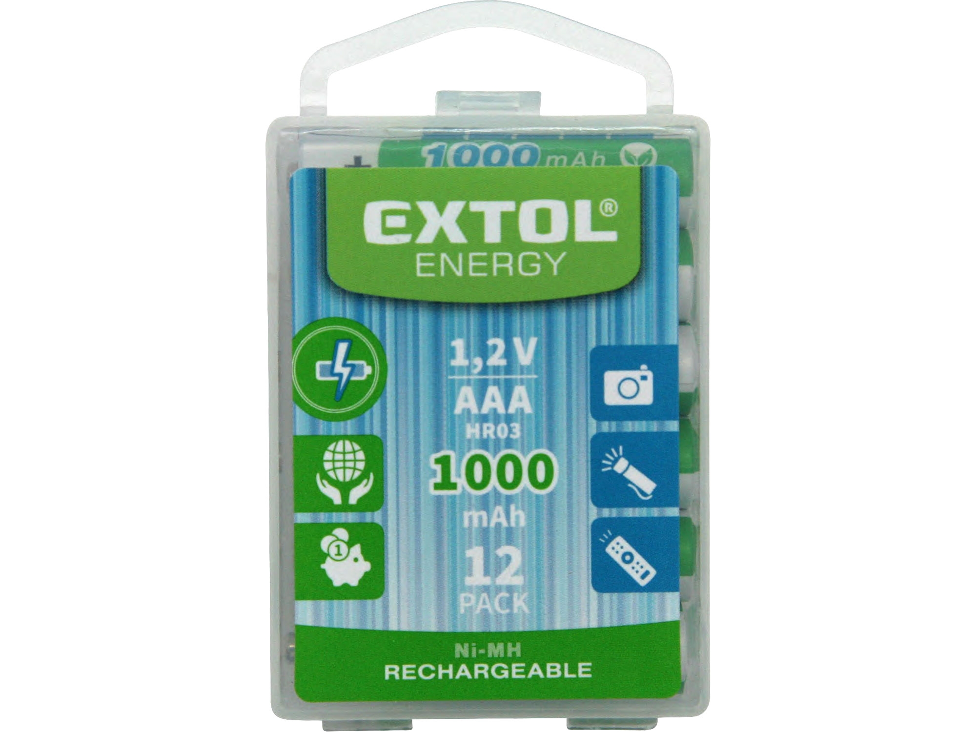 Baterie nabíjecí 12ks, AAA (HR03), 1,2V, 1000mAh, NiMh EXTOL ENERGY 42062