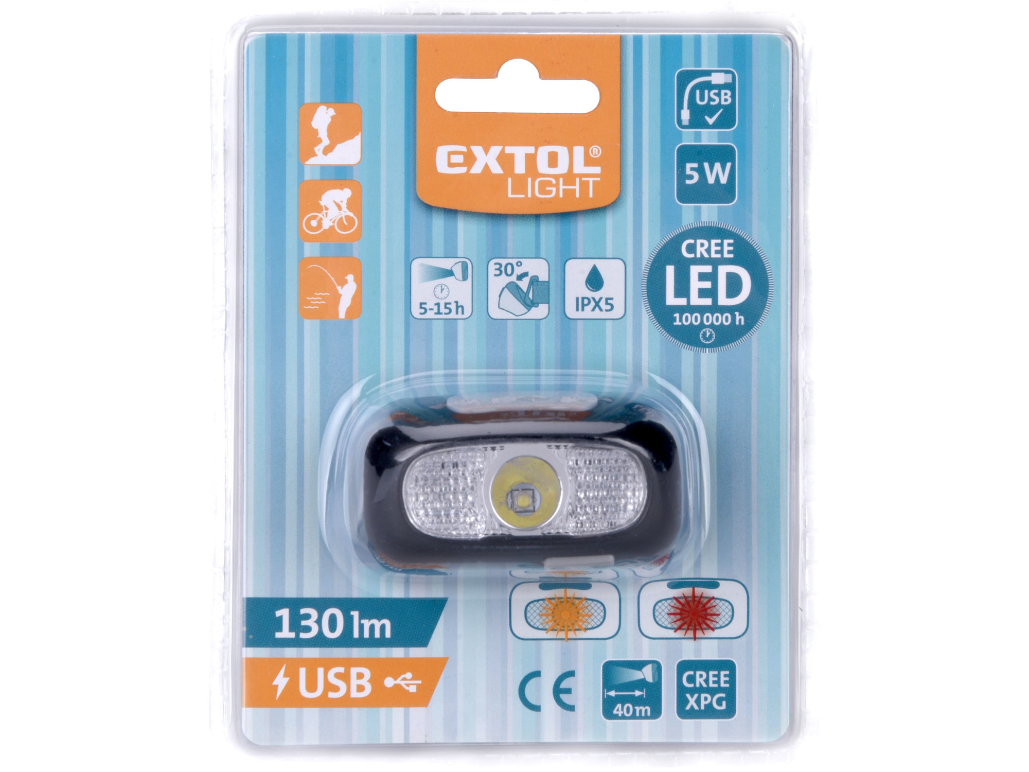 čelovka 130lm CREE XPG, USB nabíjení, dosvit 40m, 5W CREE XPG LED
