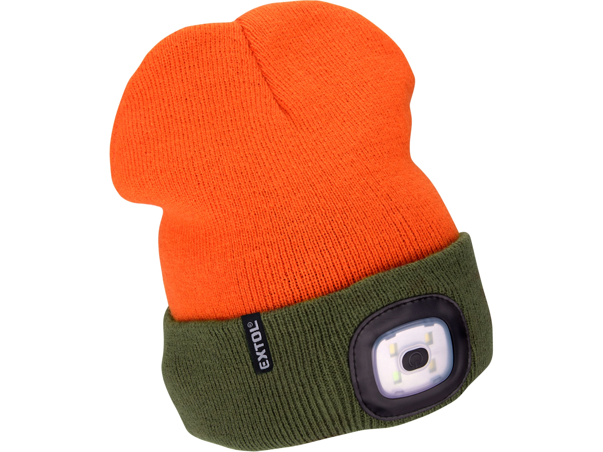 čepice s čelovkou 4x45lm, USB nabíjení, fluorescentní oranžová/khaki zelená, oboustranná, univerzální velikost