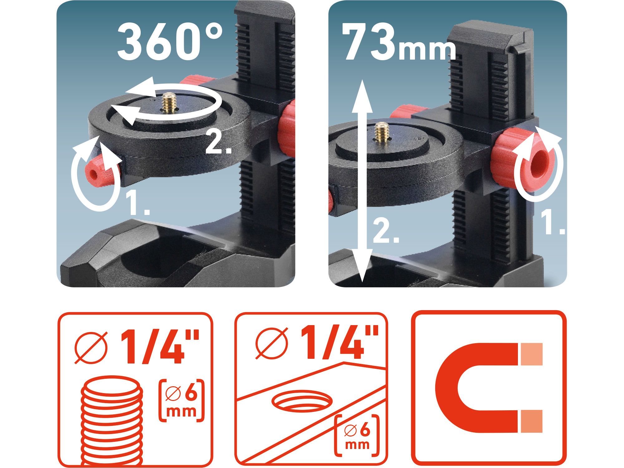 držák-stativ nastavitelý, magnetický na laser/kameru, 1/4" šroub