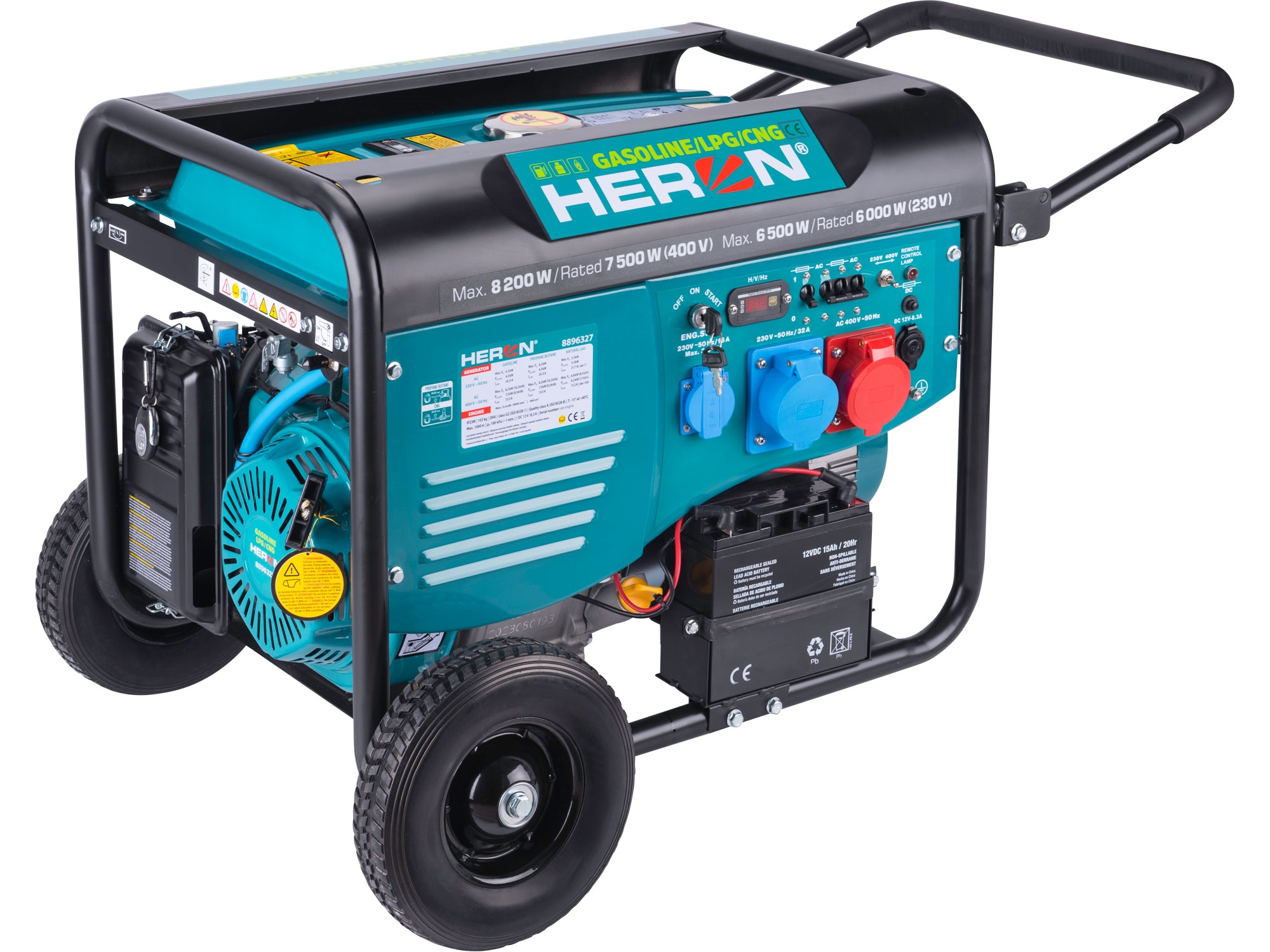 elektrocentrála benzínová a plynová (LPG/NG) 17HP/8,2kW/10,2kVA (400V), 6,5kW (230V), elektrický start, dálkové ovládání, podvozek - HERON