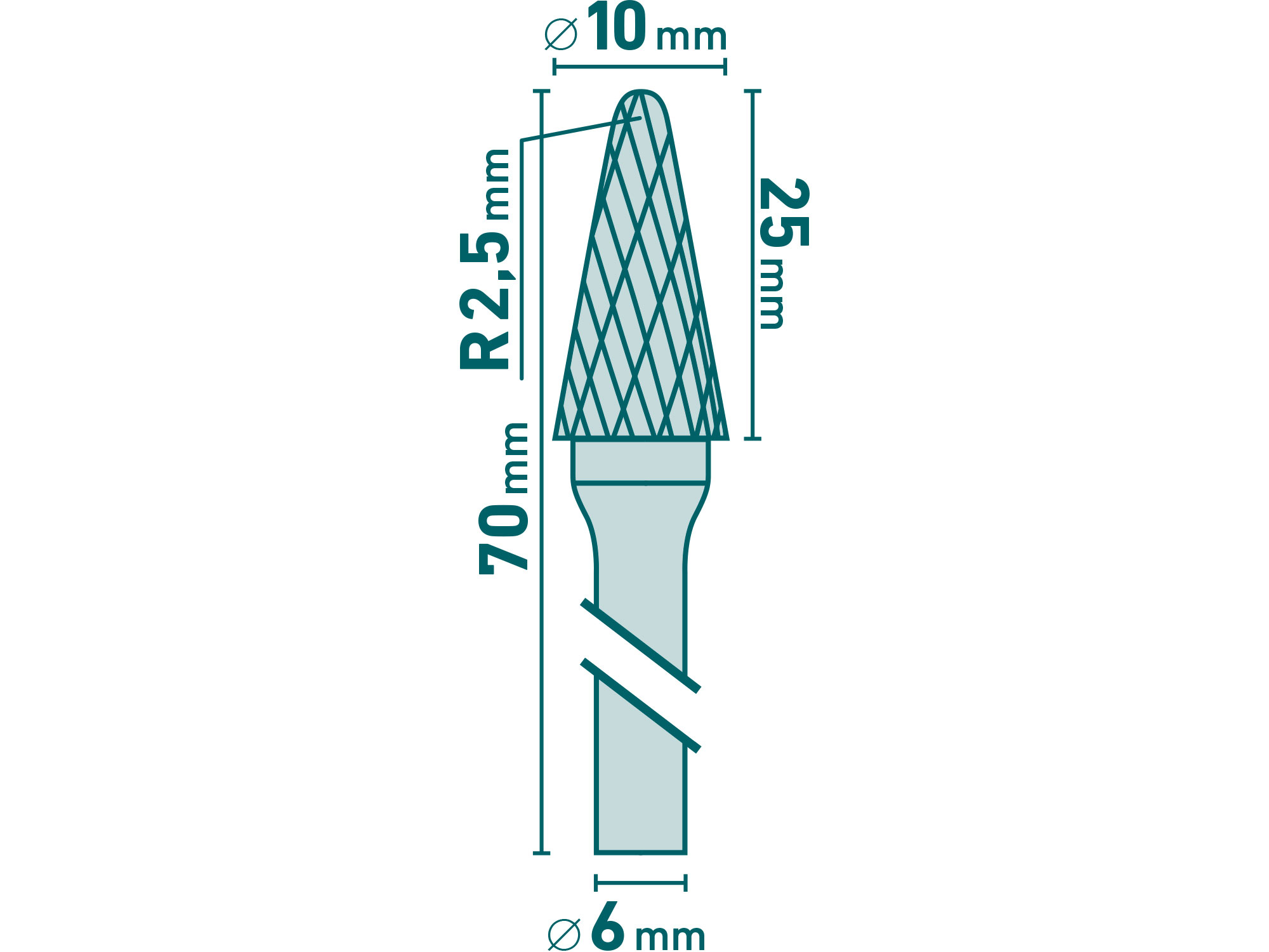 fréza karbidová, konická 14° zakulacená, pr.10x25mm/stopka 6mm,sek střední (double-cut)