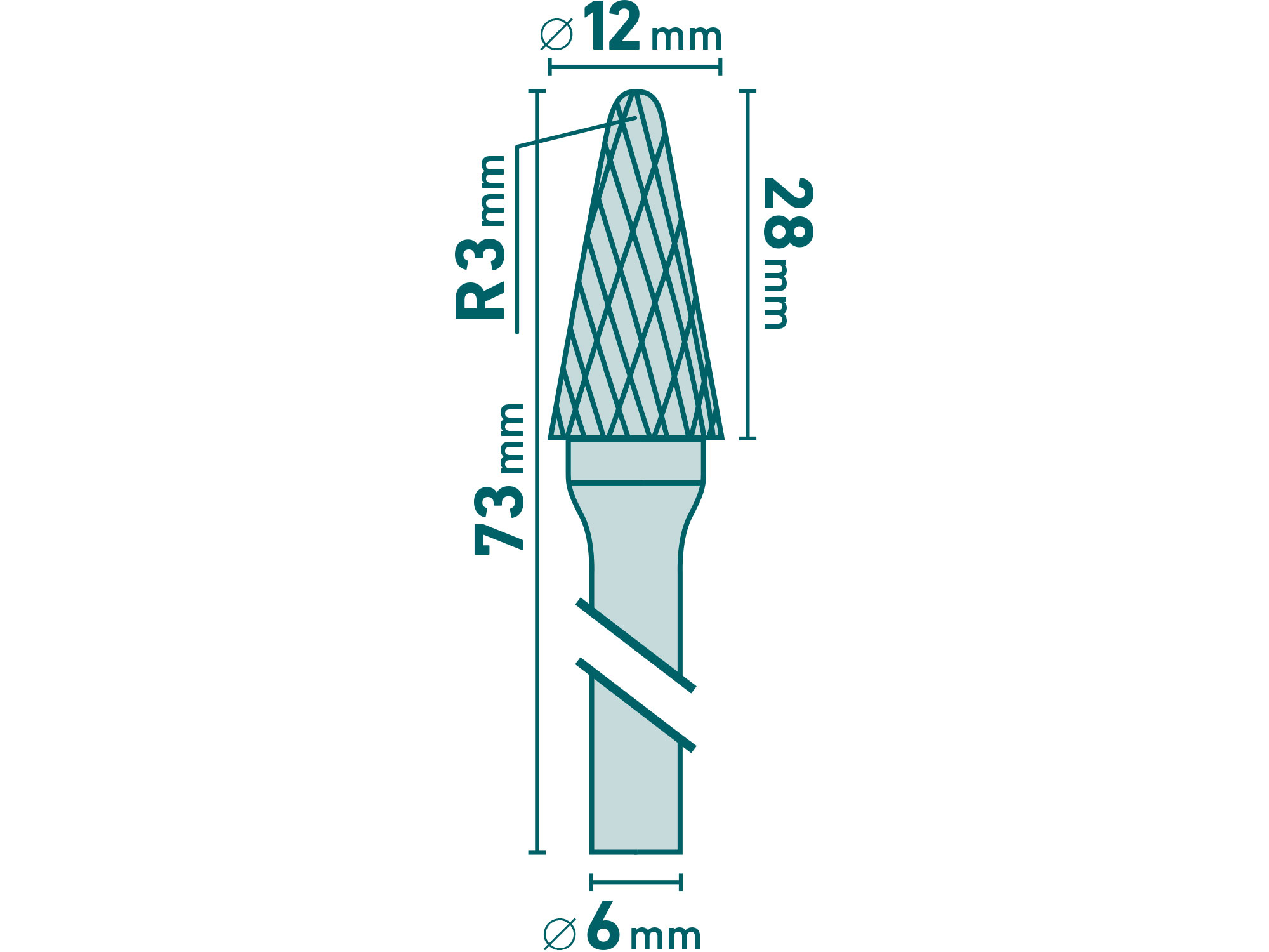 fréza karbidová, konická 14° zakulacená, pr.12x28mm/stopka 6mm,sek střední (double-cut)