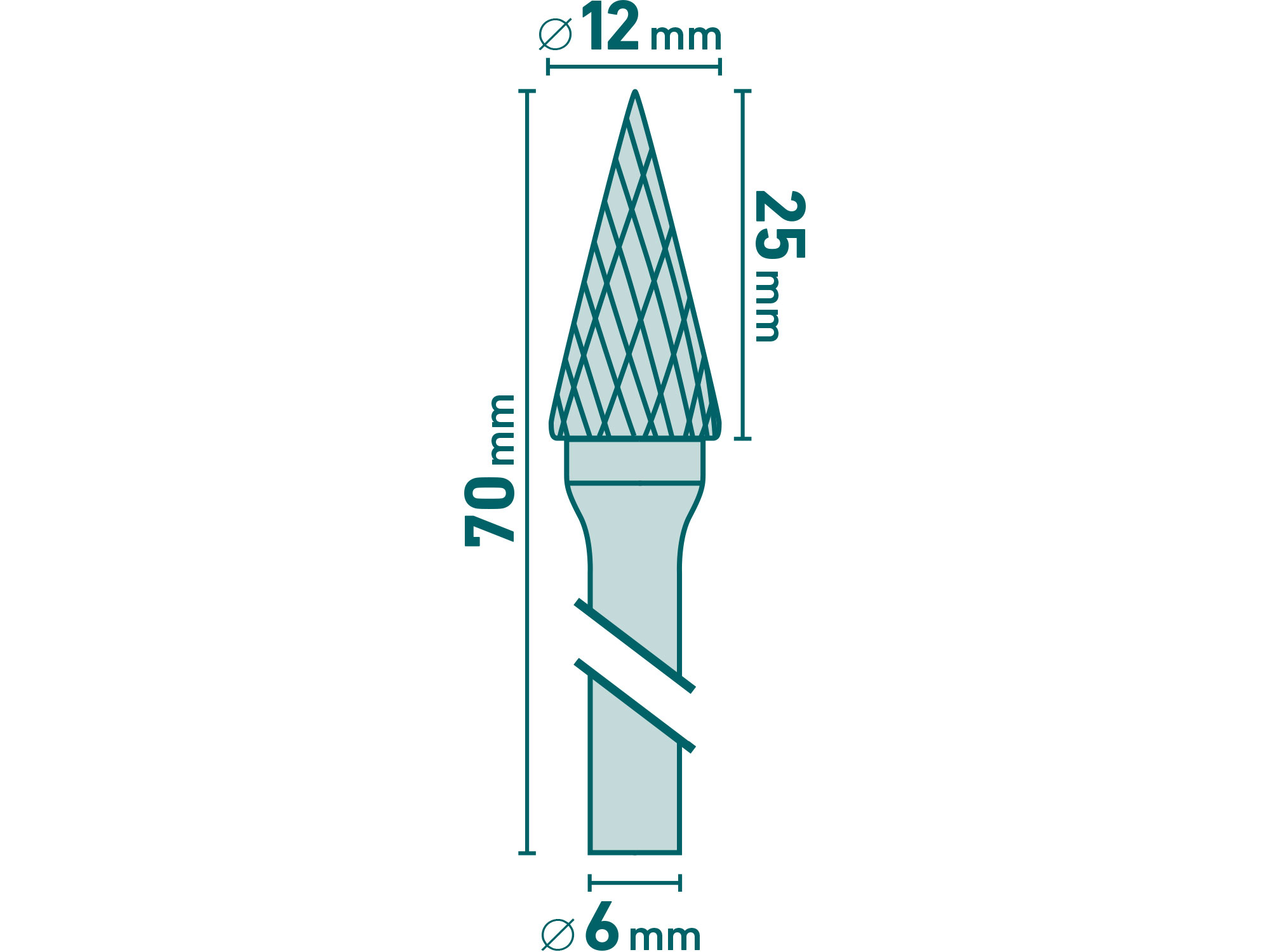 fréza karbidová, konická-jehlan, pr.12x25mm/stopka 6mm,sek střední (double-cut)