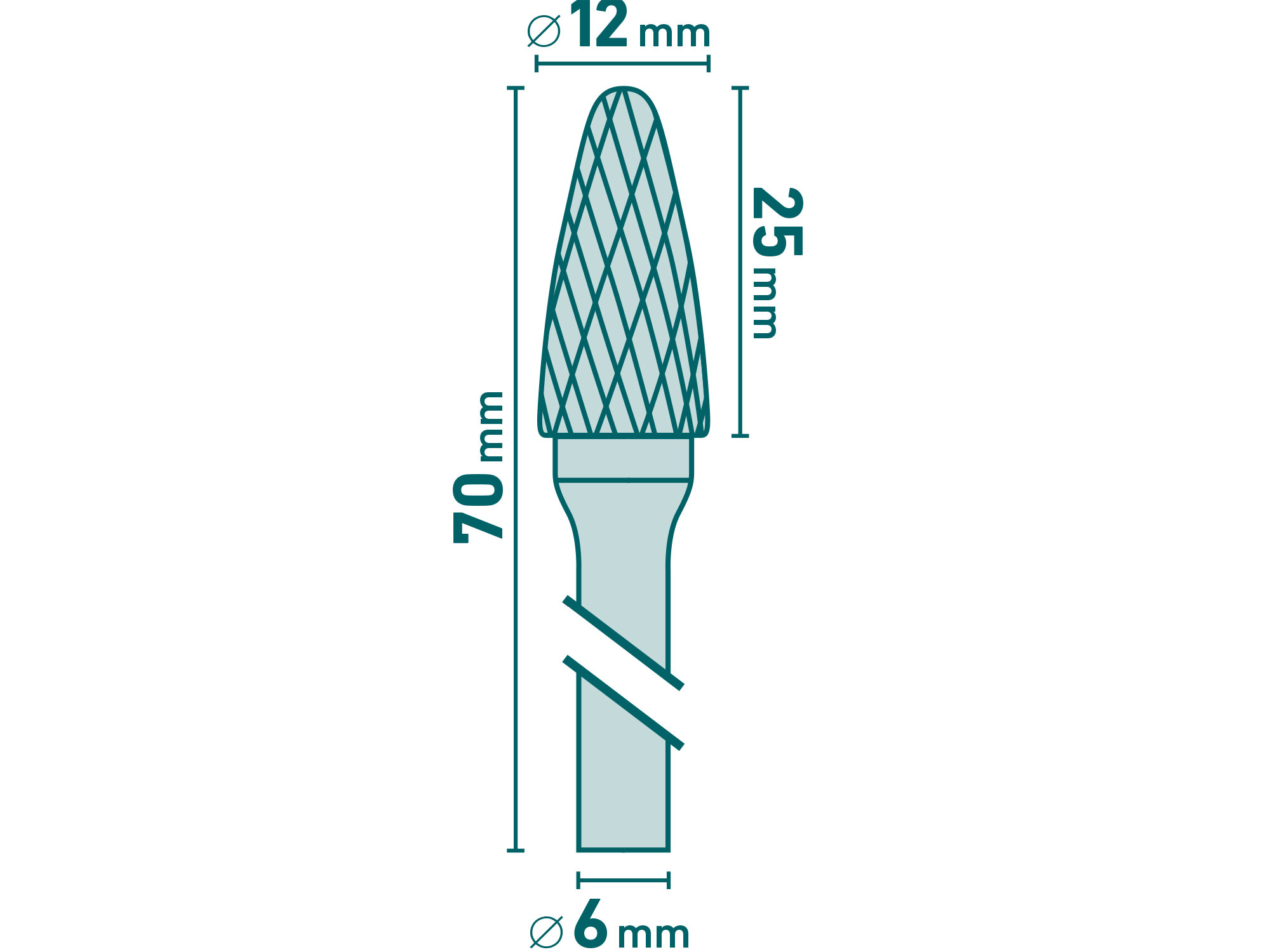fréza karbidová, kulatý oblouk, pr.12x25mm/stopka 6mm,sek střední (double-cut)
