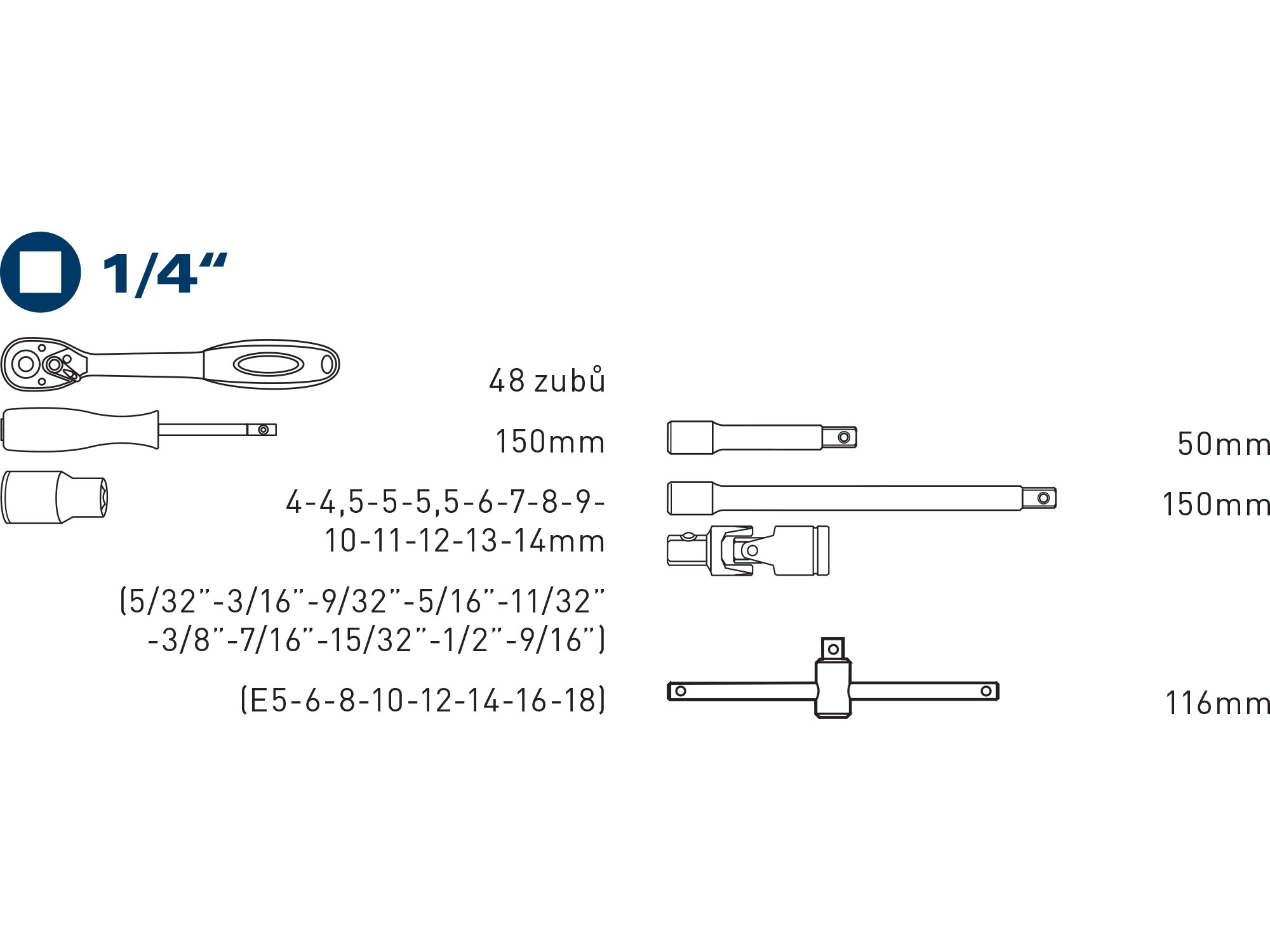 hlavice nástrčné MULTI-LOCK, sada 19ks, 1/4"