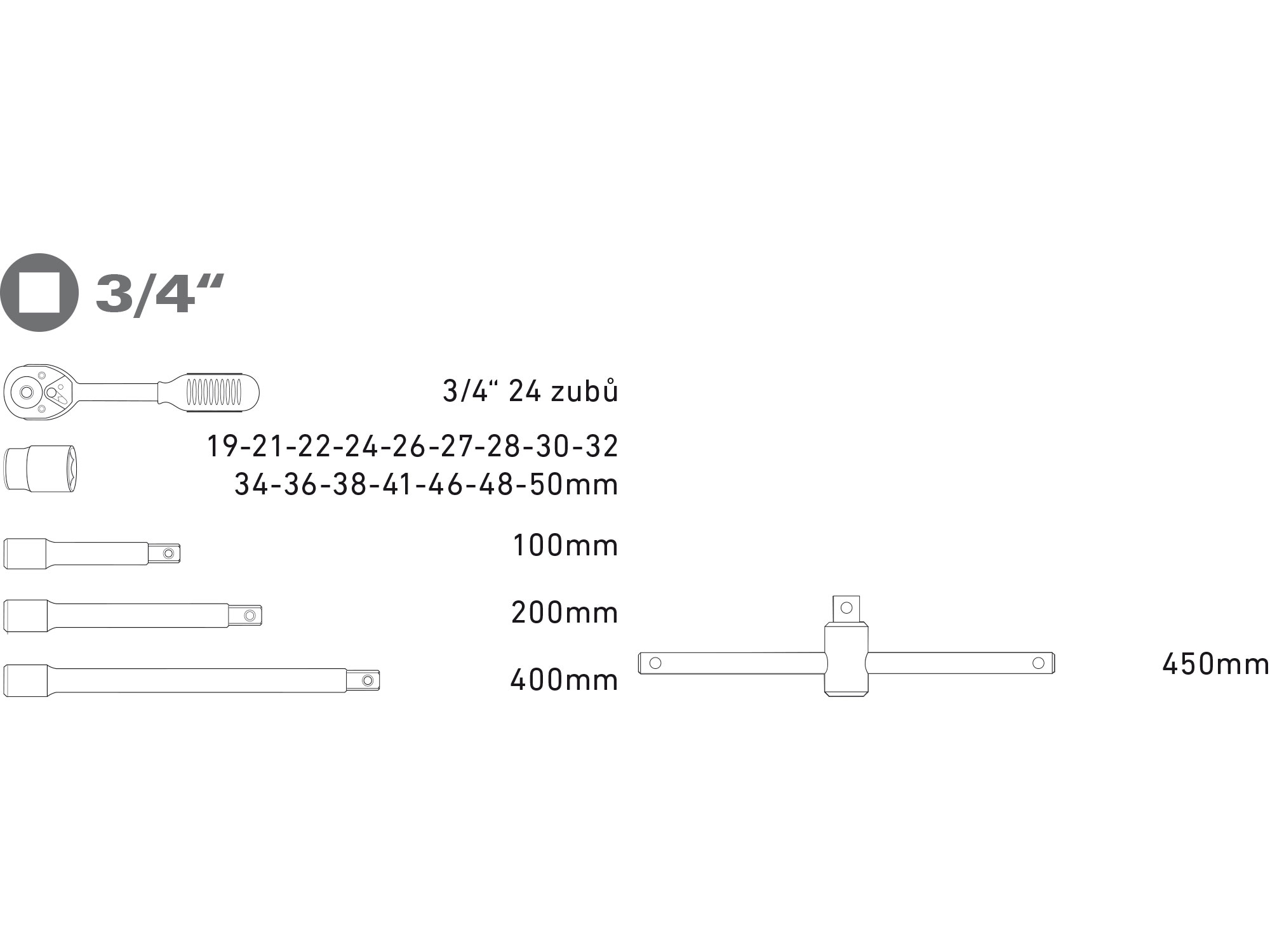 hlavice nástrčné, sada 22ks, 3/4"