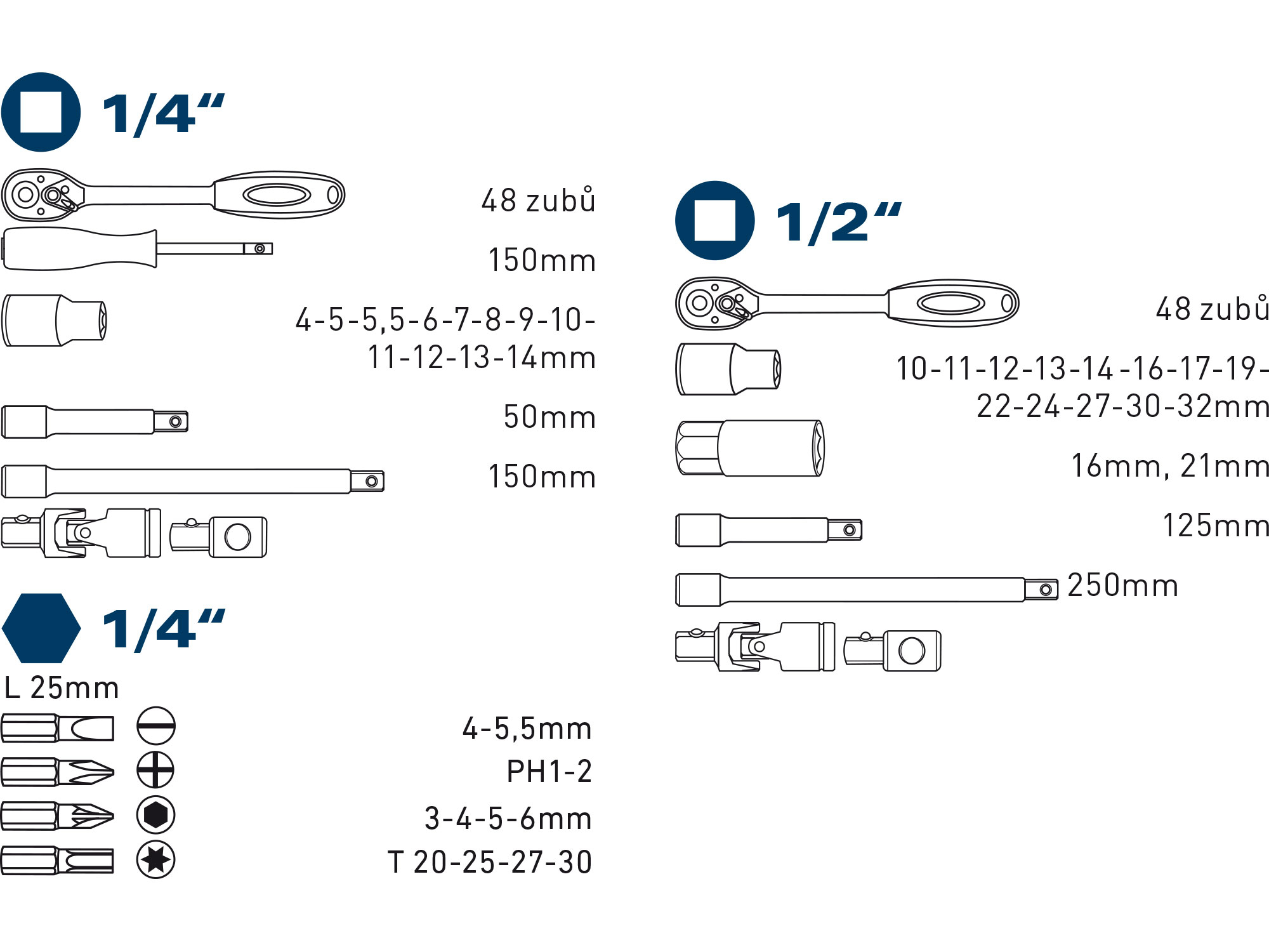 hlavice nástrčné, sada 50ks, 1/4", 1/2"