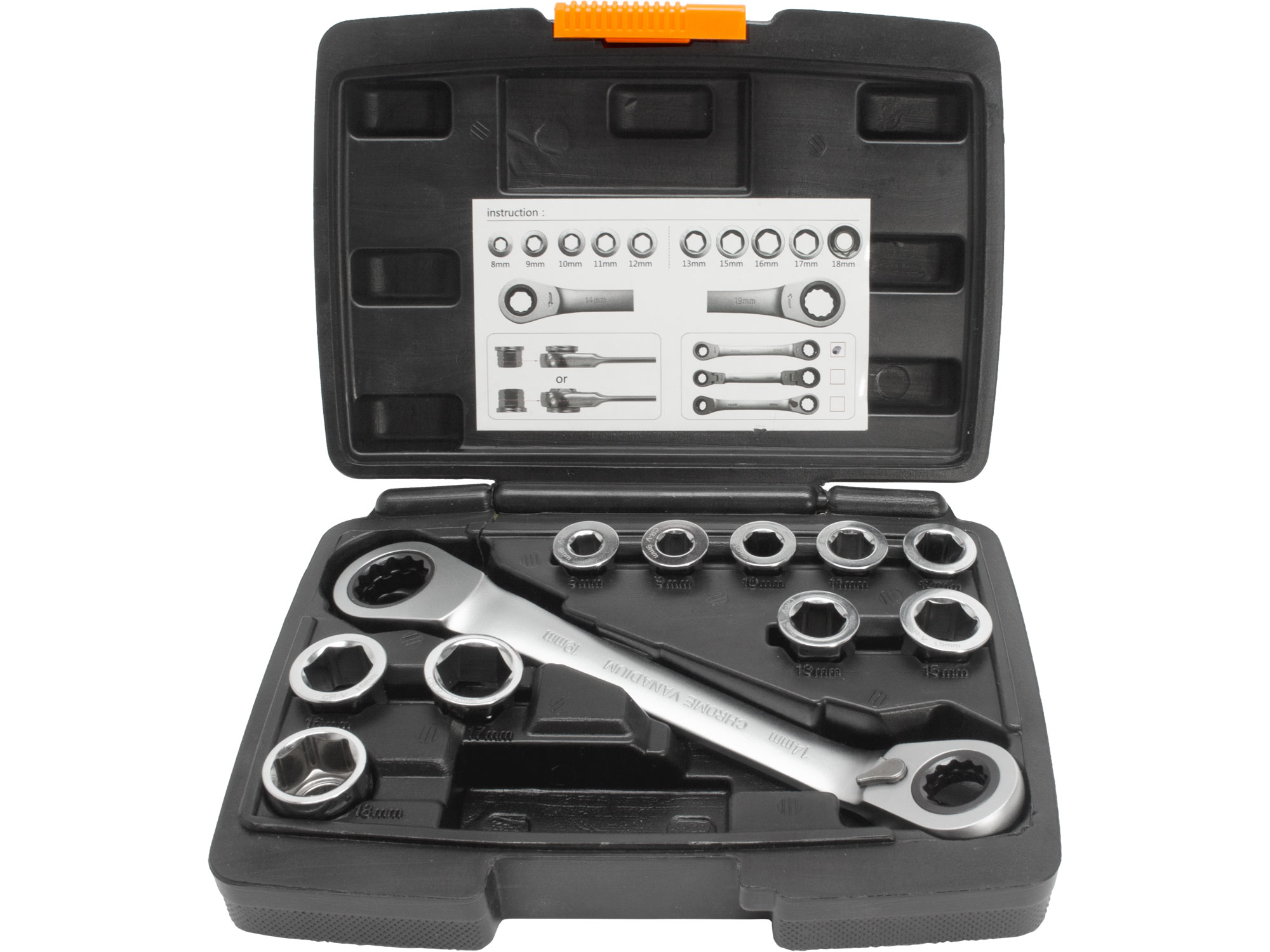 klíč ráčnový tvarovaný a vložky, sada 11ks, 8-19mm, CrV
