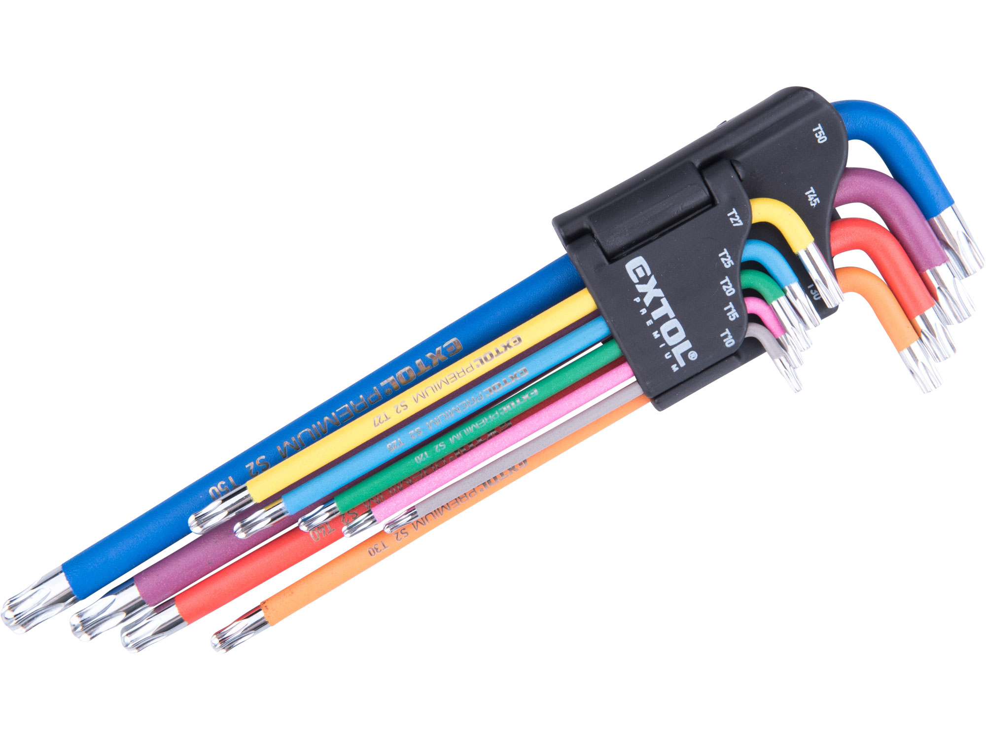 L-klíče TORX prodloužené barevné, sada 9ks, s kuličkou, T10-50, S2 - EXTOL PREMIUM