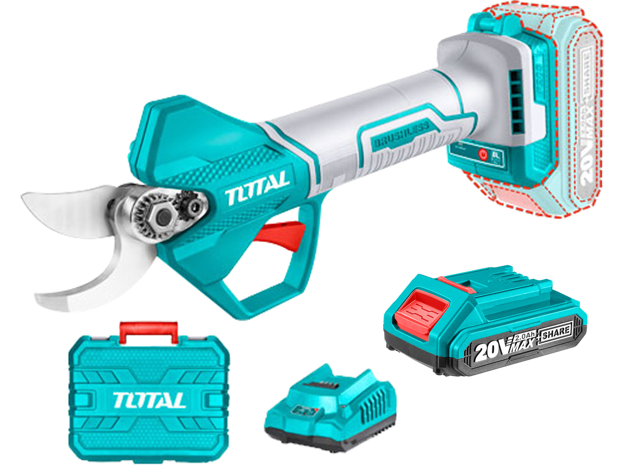 Nůžky zahradnické AKU, Brushless, 20V Li-ion, 2000mAh, industrial, 1ks baterie a nabíječky