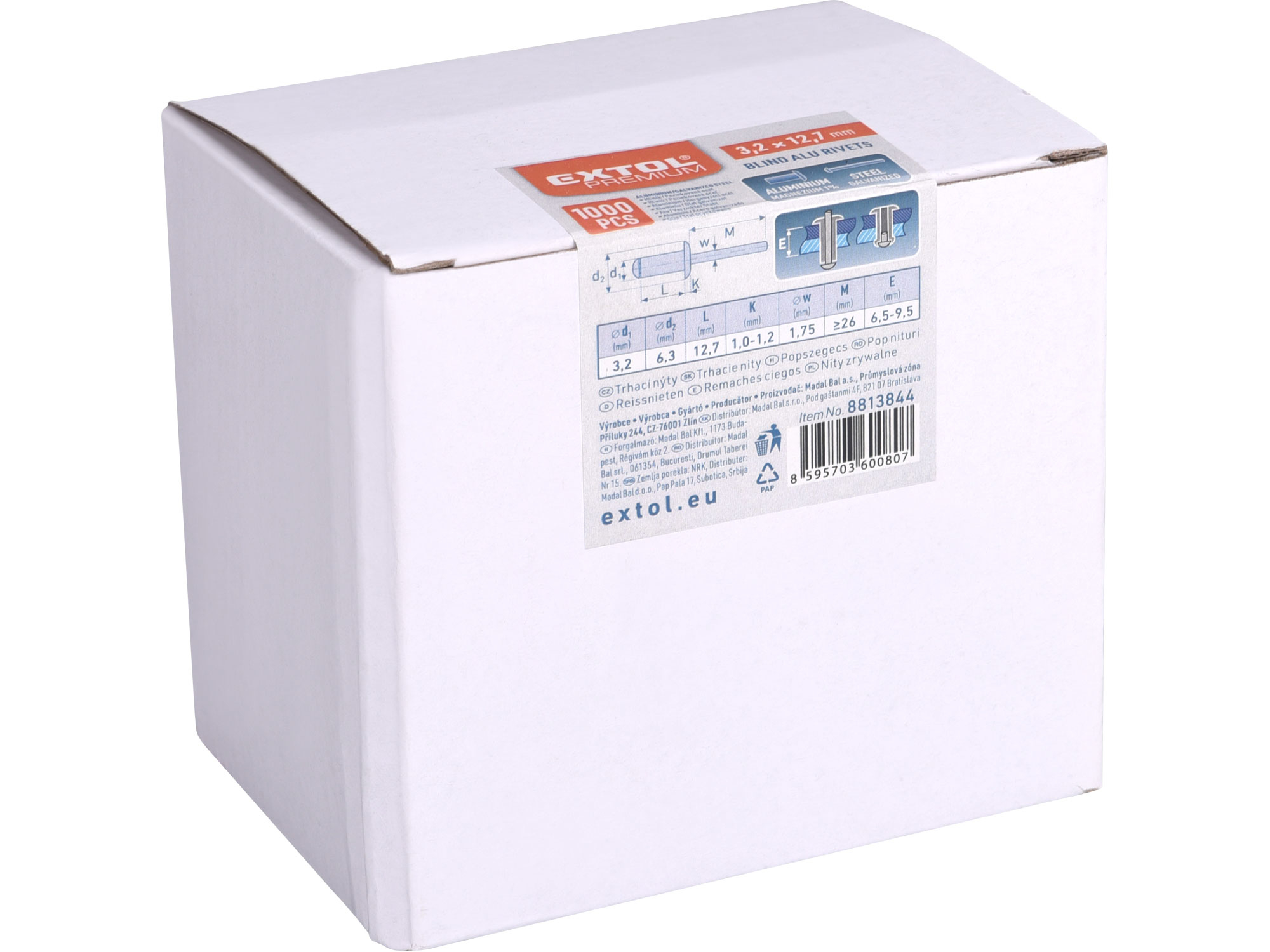 nýty trhací hliníkové sada 1000ks, O 3,2x12,7mm plochá hlava