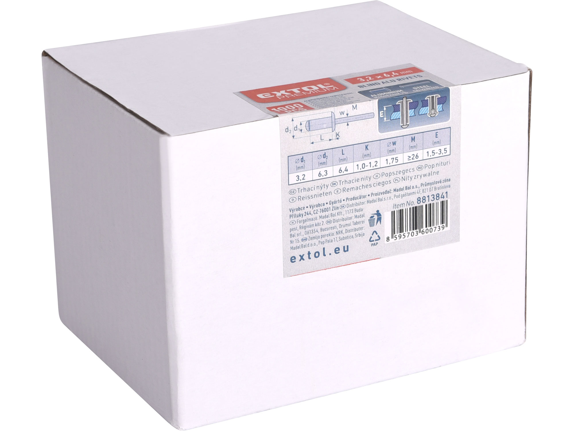 nýty trhací hliníkové sada 1000ks, O 3,2x6,4mm plochá hlava