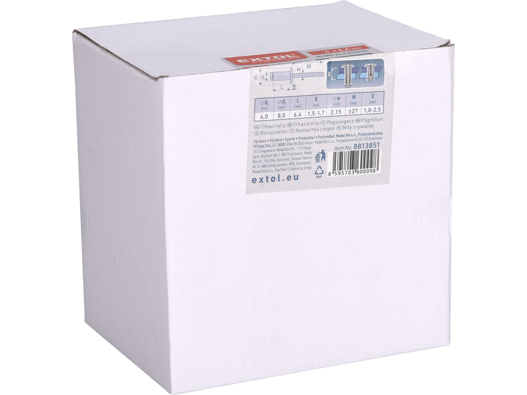 nýty trhací hliníkové sada 1000ks, O 4,0x6,4mm plochá hlava