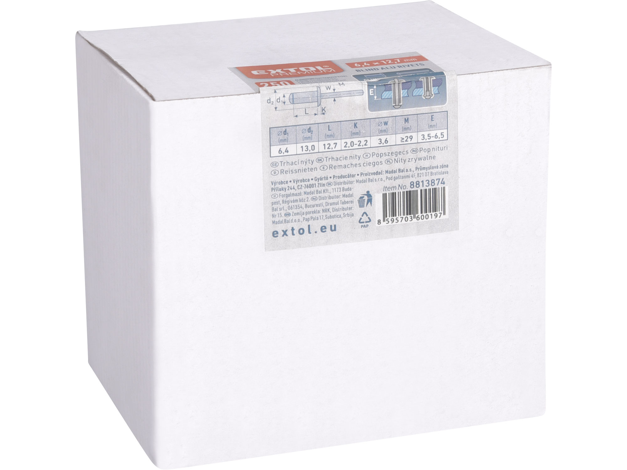 nýty trhací hliníkové sada 250ks, O 6,4x12,7mm plochá hlava