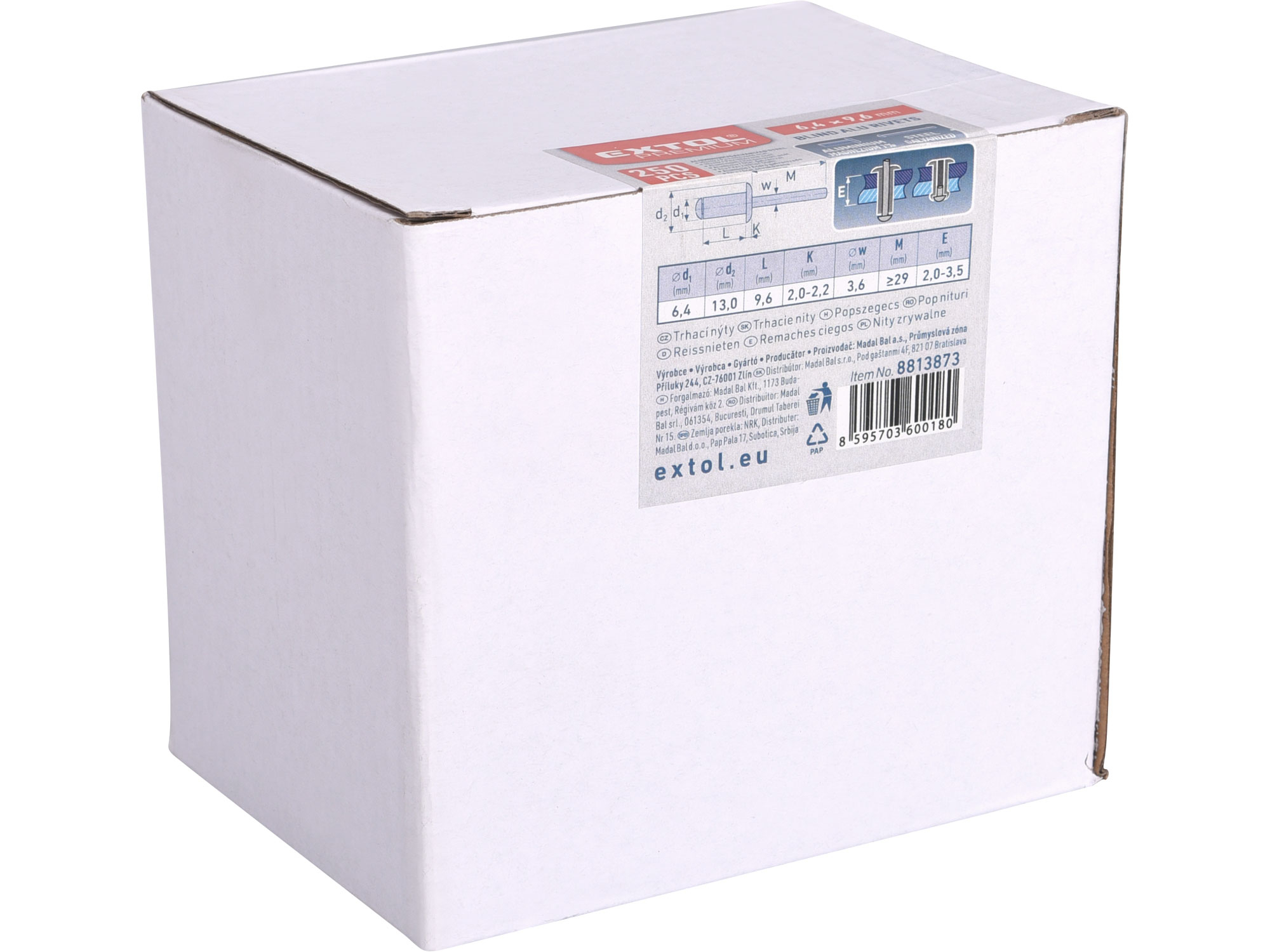 nýty trhací hliníkové sada 250ks, O 6,4x9,6mm plochá hlava