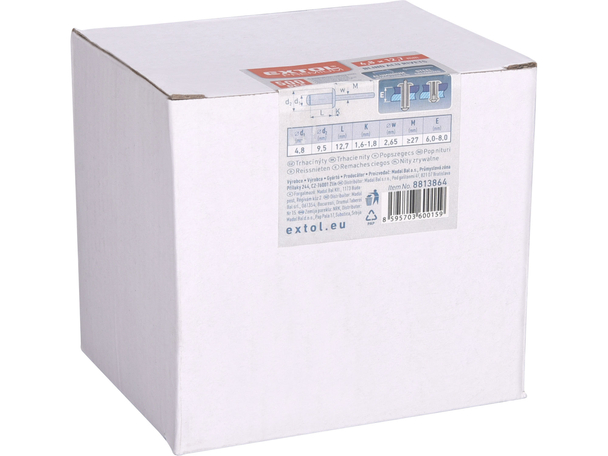 nýty trhací hliníkové sada 500ks, O 4,8x12,7mm plochá hlava