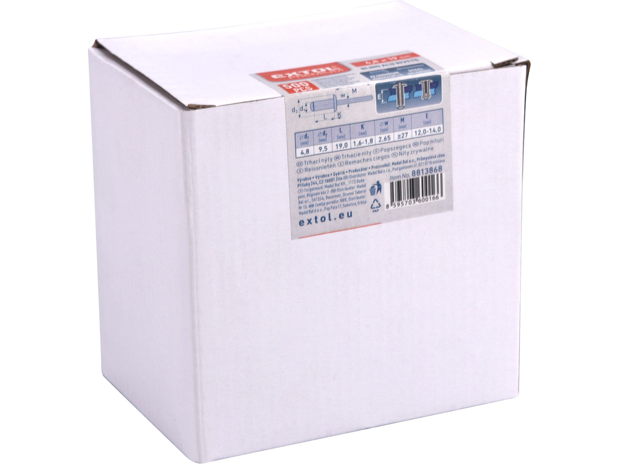 nýty trhací hliníkové sada 500ks, O 4,8x19mm plochá hlava