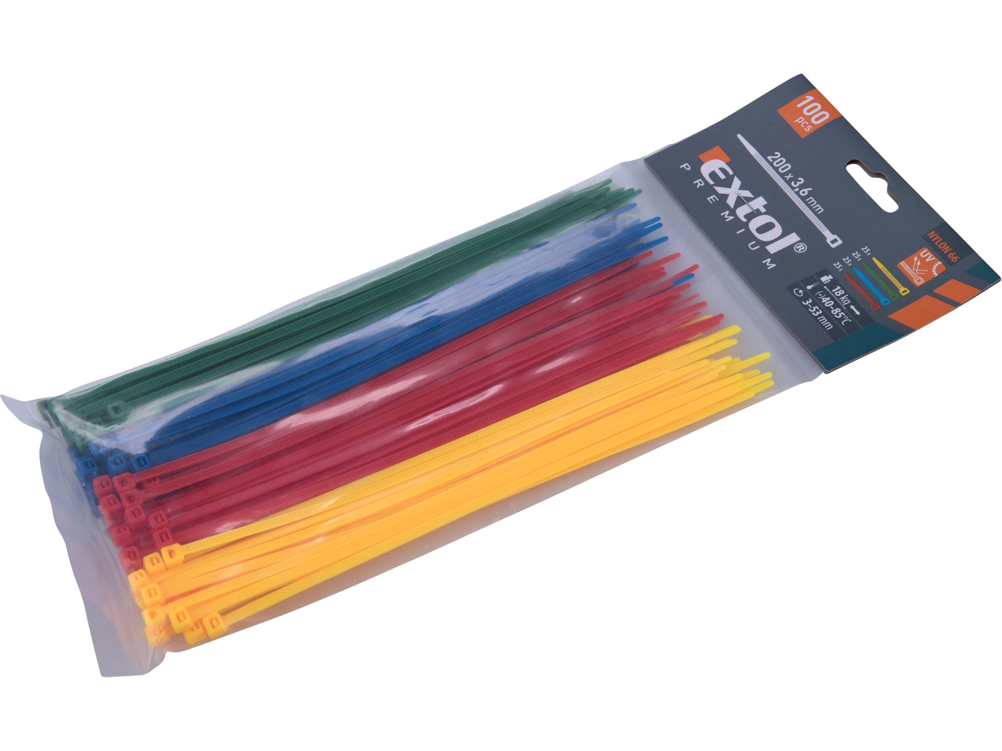 pásky stahovací barevné, 200x3,6mm, 100ks, (4x25ks), 4 barvy, nylon, EXTOL PREMIUM 8856196