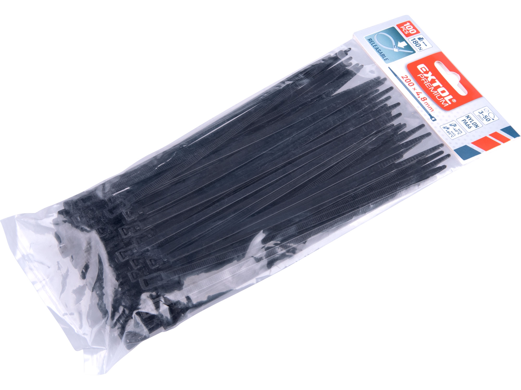 pásky stahovací černé, rozpojitelné, 200x4,8mm, 100ks, nylon PA66