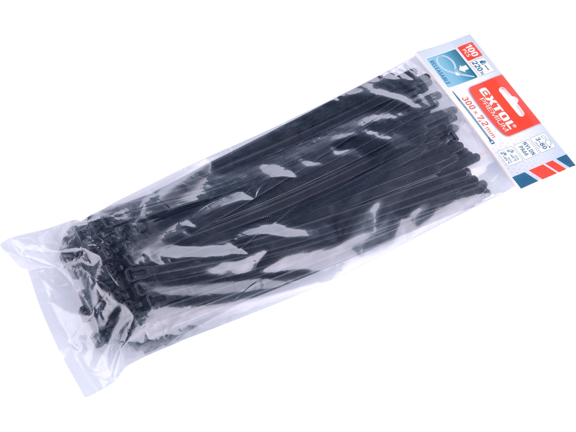 pásky stahovací černé, rozpojitelné, 300x7,2mm, 100ks, nylon PA66 - EXTOL PREMIUM
