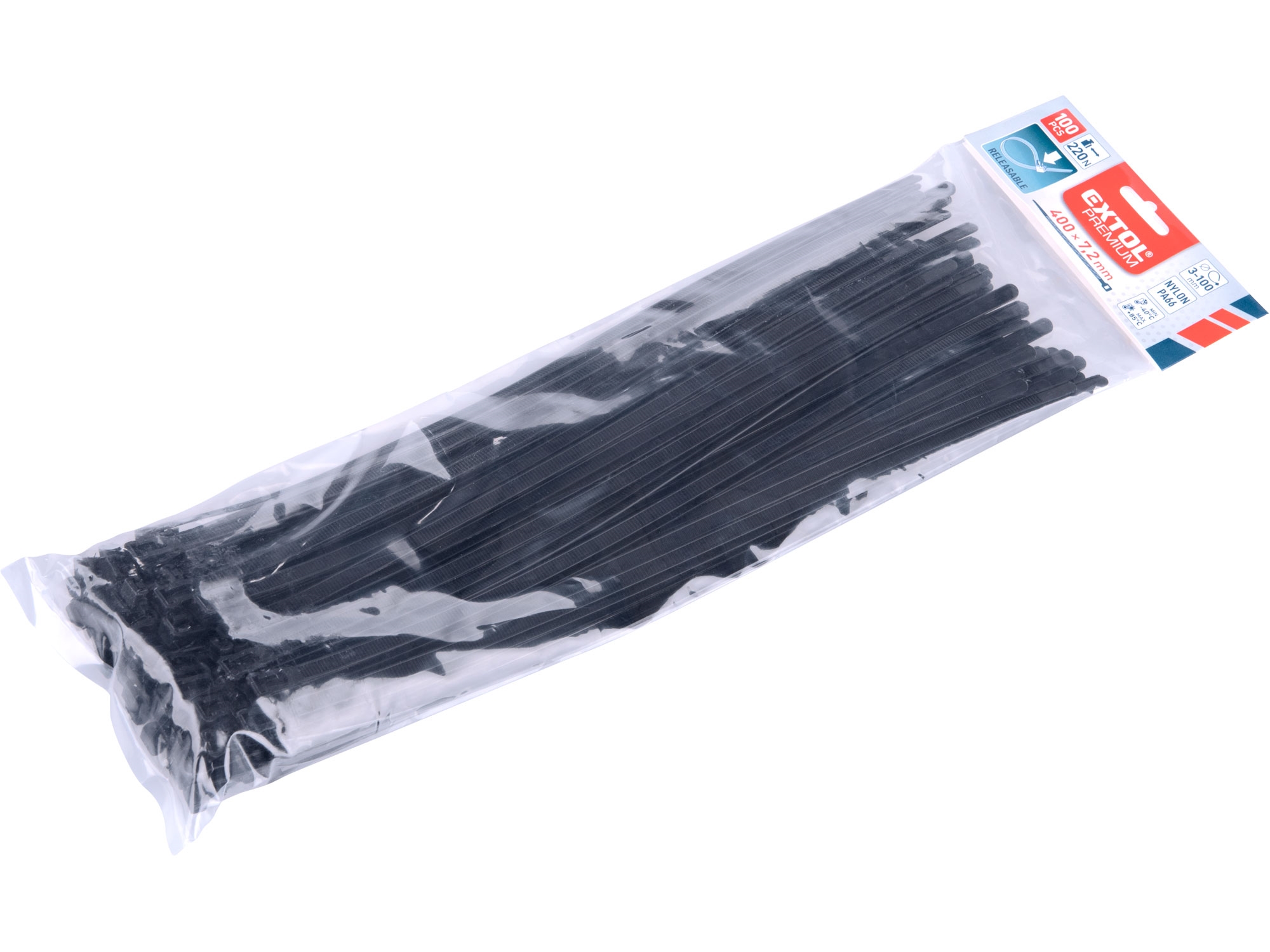 pásky stahovací černé, rozpojitelné, 400x7,2mm, 100ks, nylon PA66 - EXTOL PREMIUM