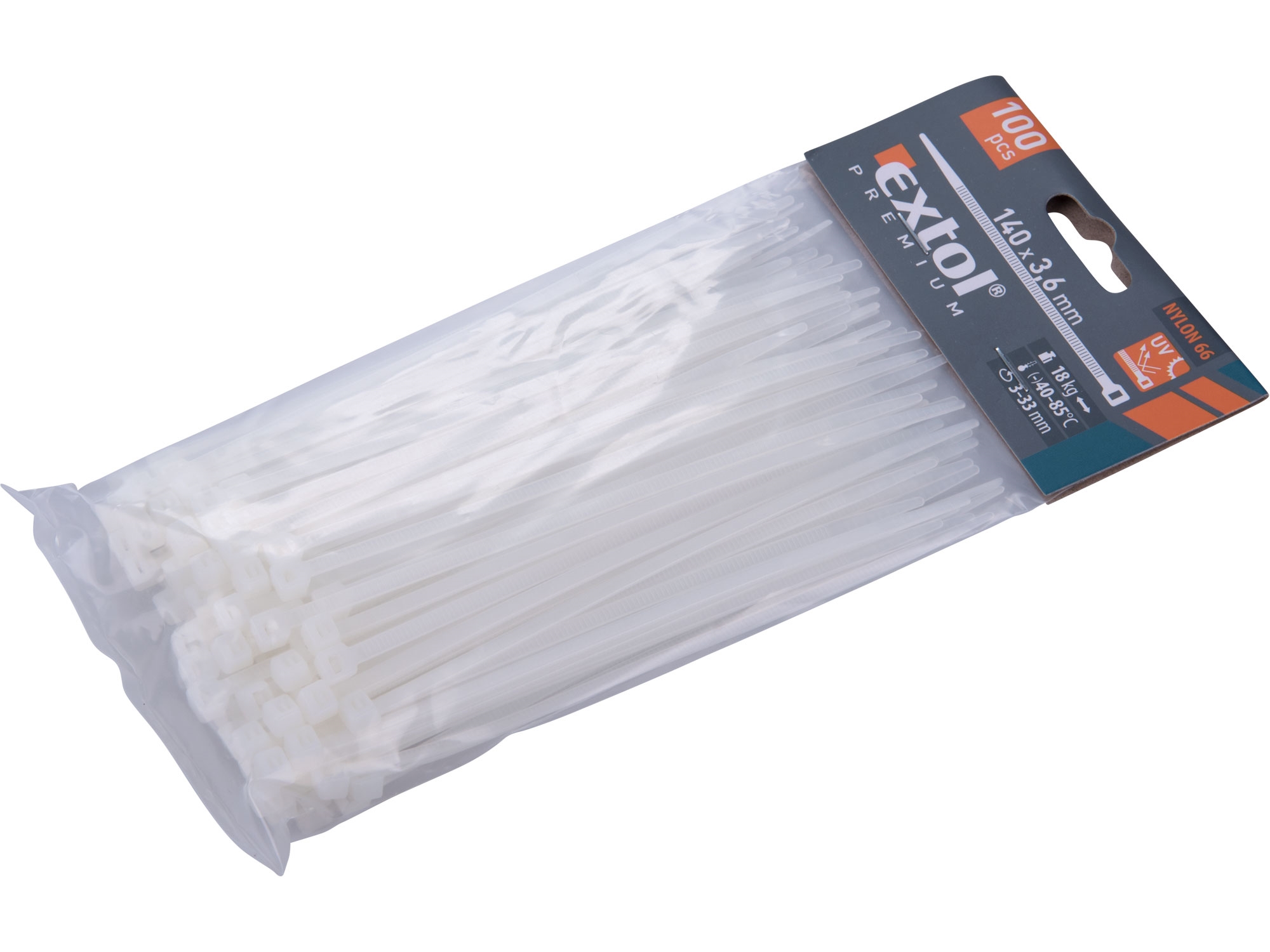 pásky stahovací na kabely bílé, 140x3,6mm, 100ks, nylon PA66 - EXTOL PREMIUM