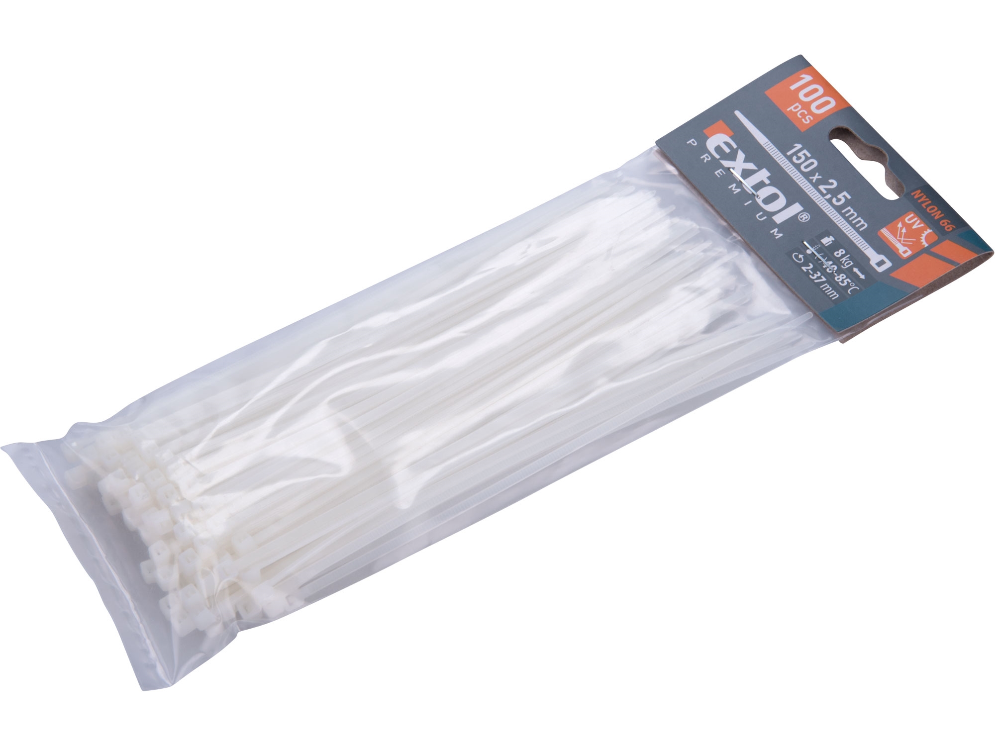 pásky stahovací na kabely bílé, 150x2,5mm, 100ks, nylon PA66 - EXTOL PREMIUM