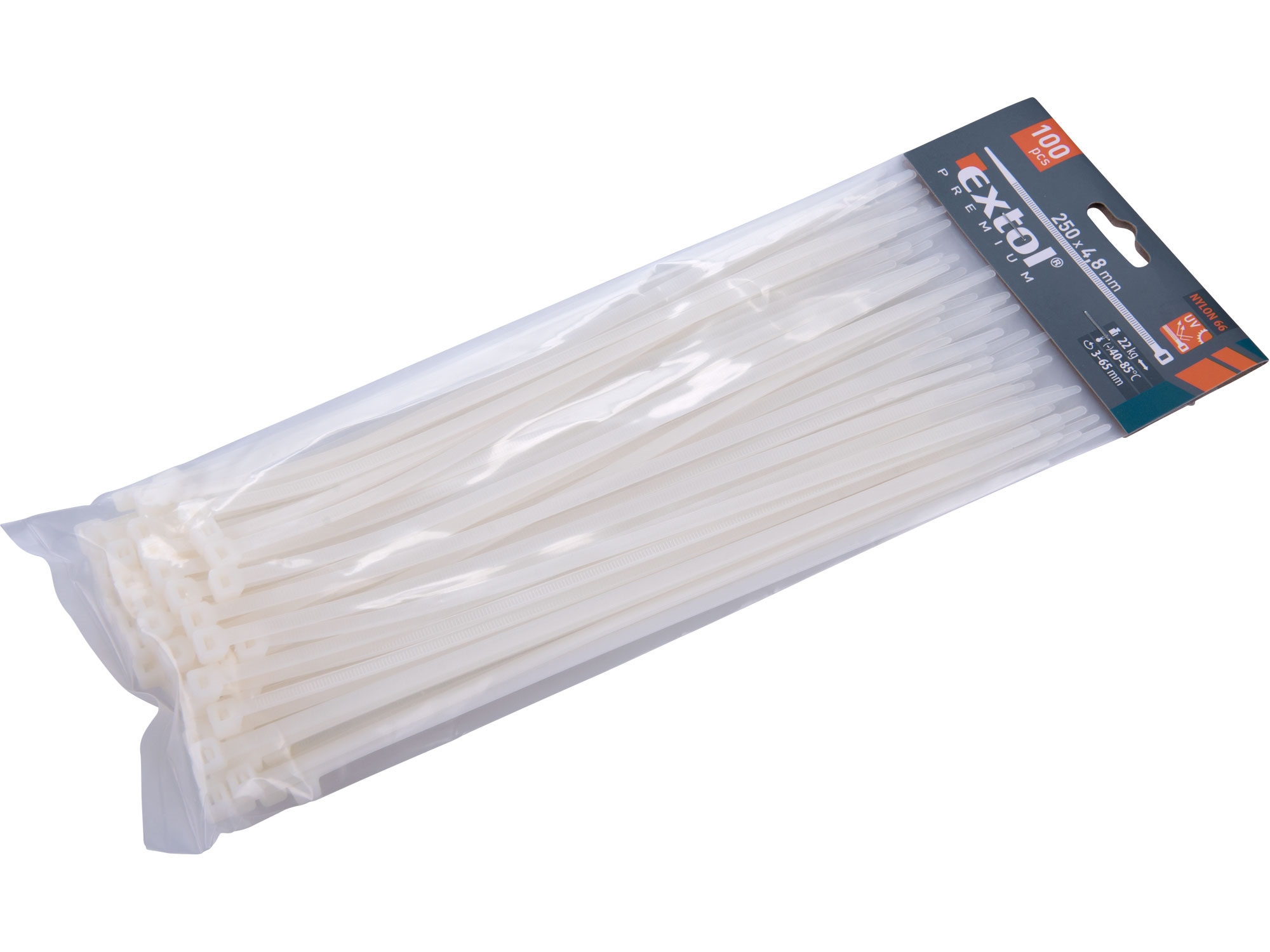 pásky stahovací bílé, 250x4,8mm, 100ks, nylon, EXTOL PREMIUM 8856110