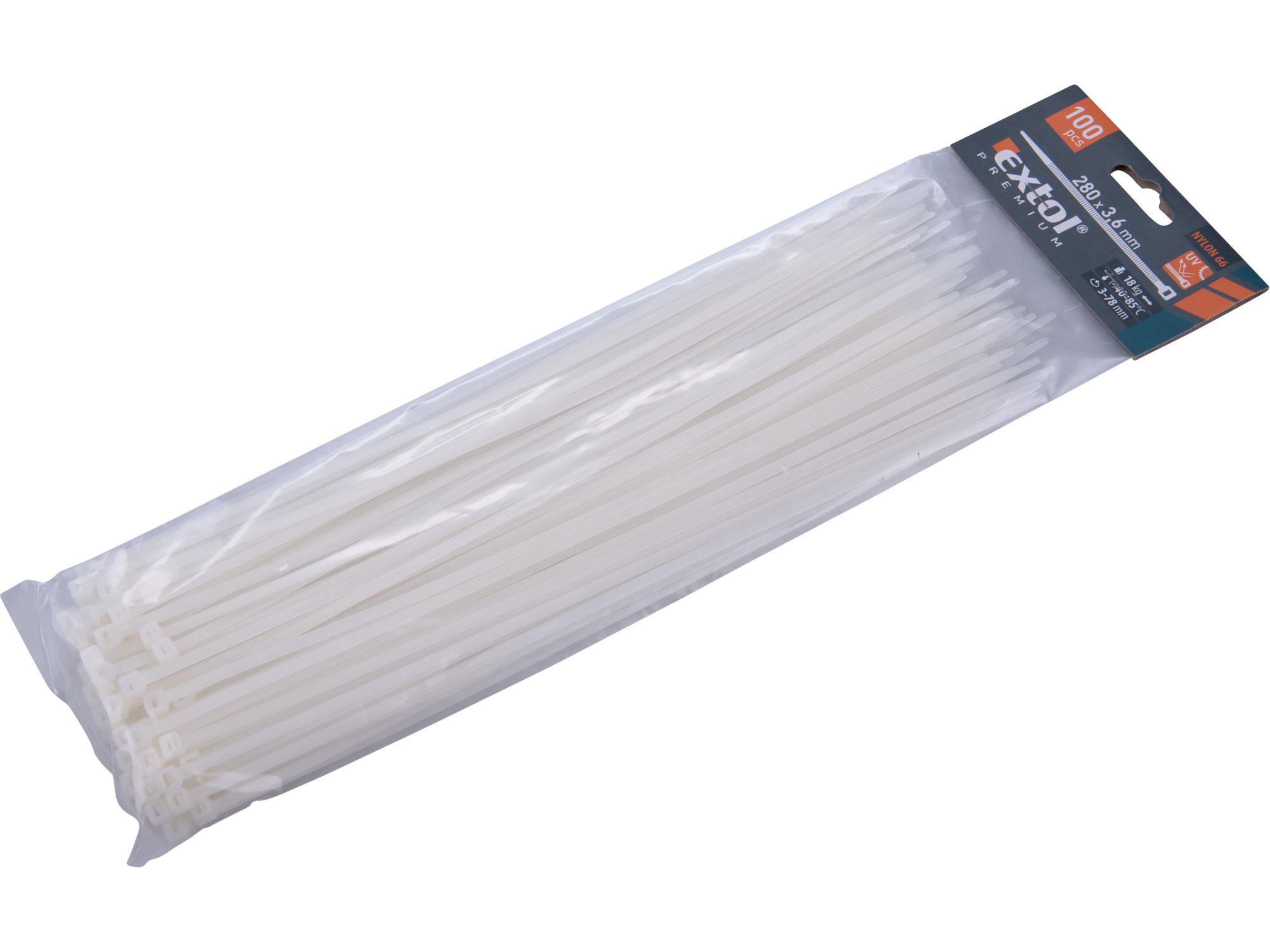 pásky stahovací na kabely bílé, 280x3,6mm, 100ks, nylon PA66 - EXTOL PREMIUM