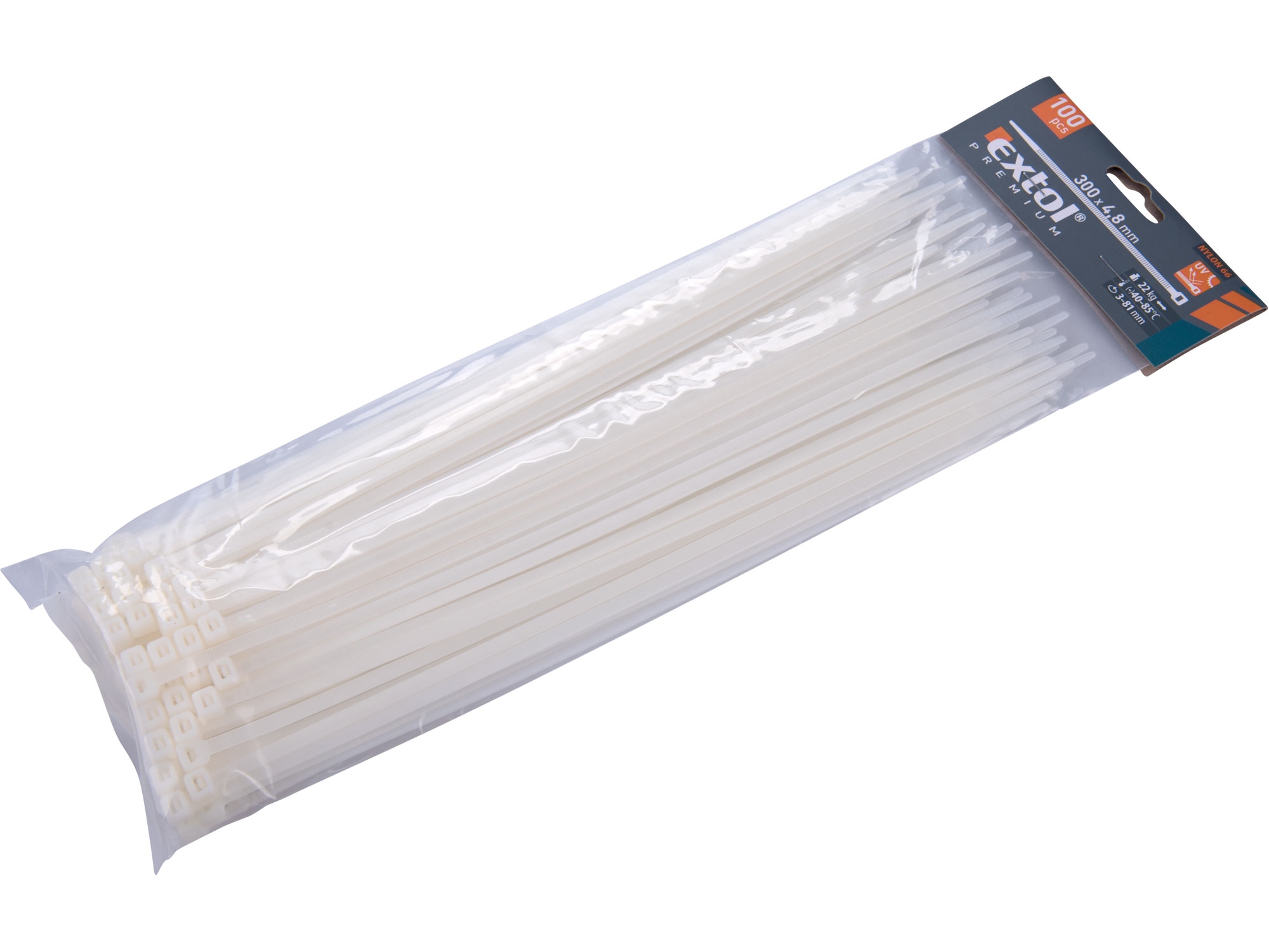 pásky stahovací na kabely bílé, 300x4,8mm, 100ks, nylon PA66 - EXTOL PREMIUM