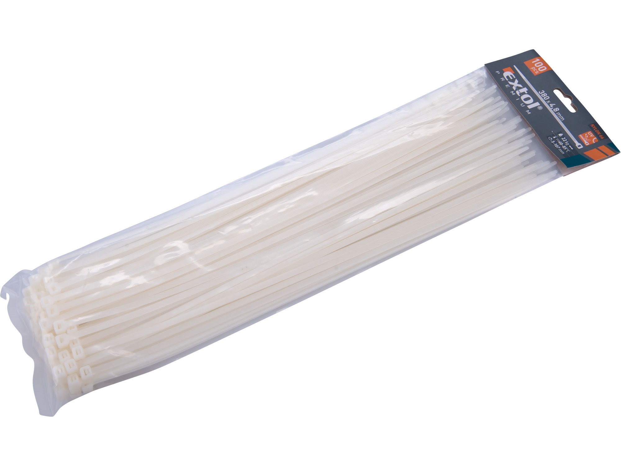 pásky stahovací na kabely bílé, 380x4,8mm, 100ks, nylon PA66 - EXTOL PREMIUM
