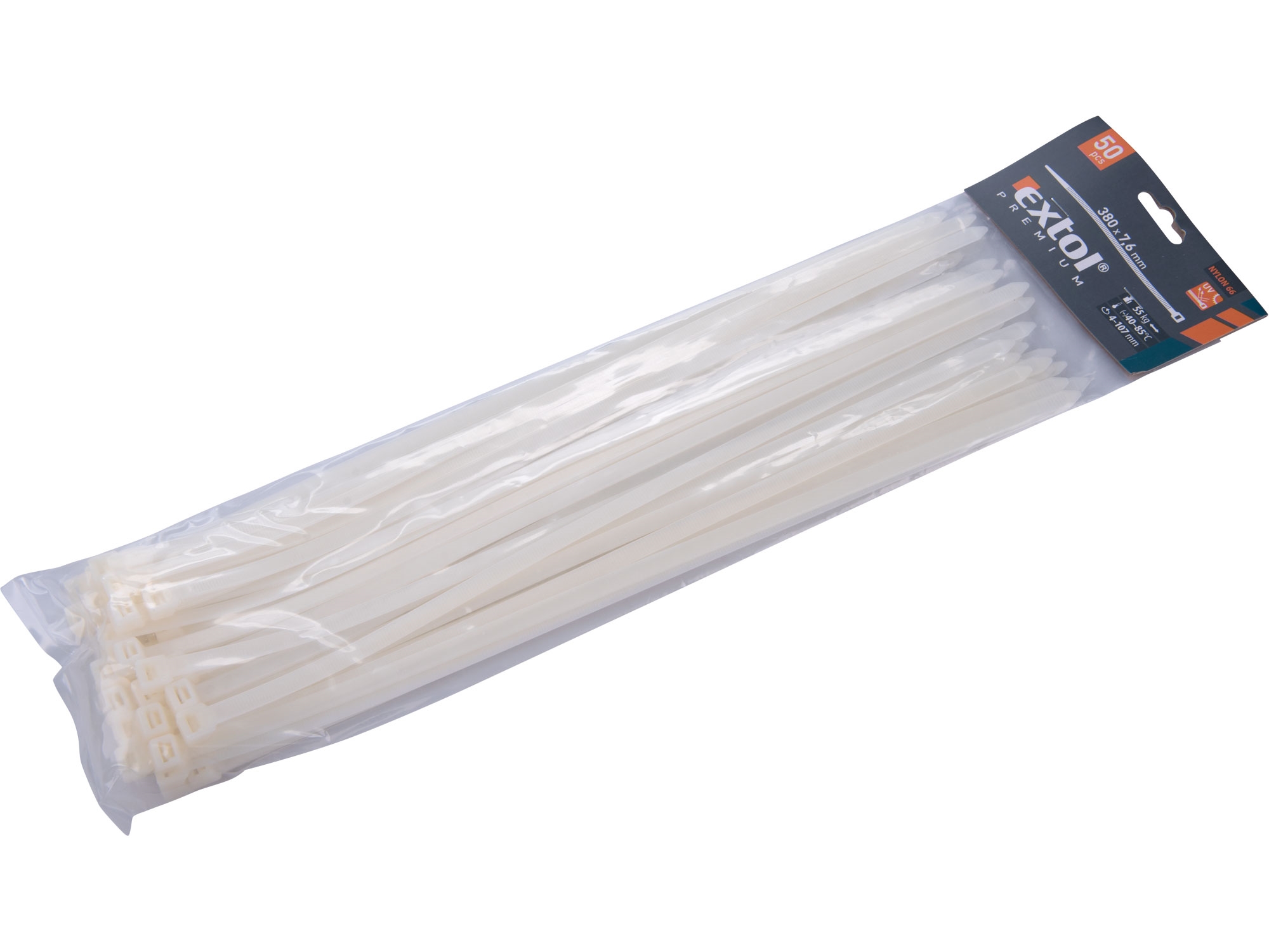 pásky stahovací na kabely bílé, 380x7,6mm, 50ks, nylon PA66 - EXTOL PREMIUM