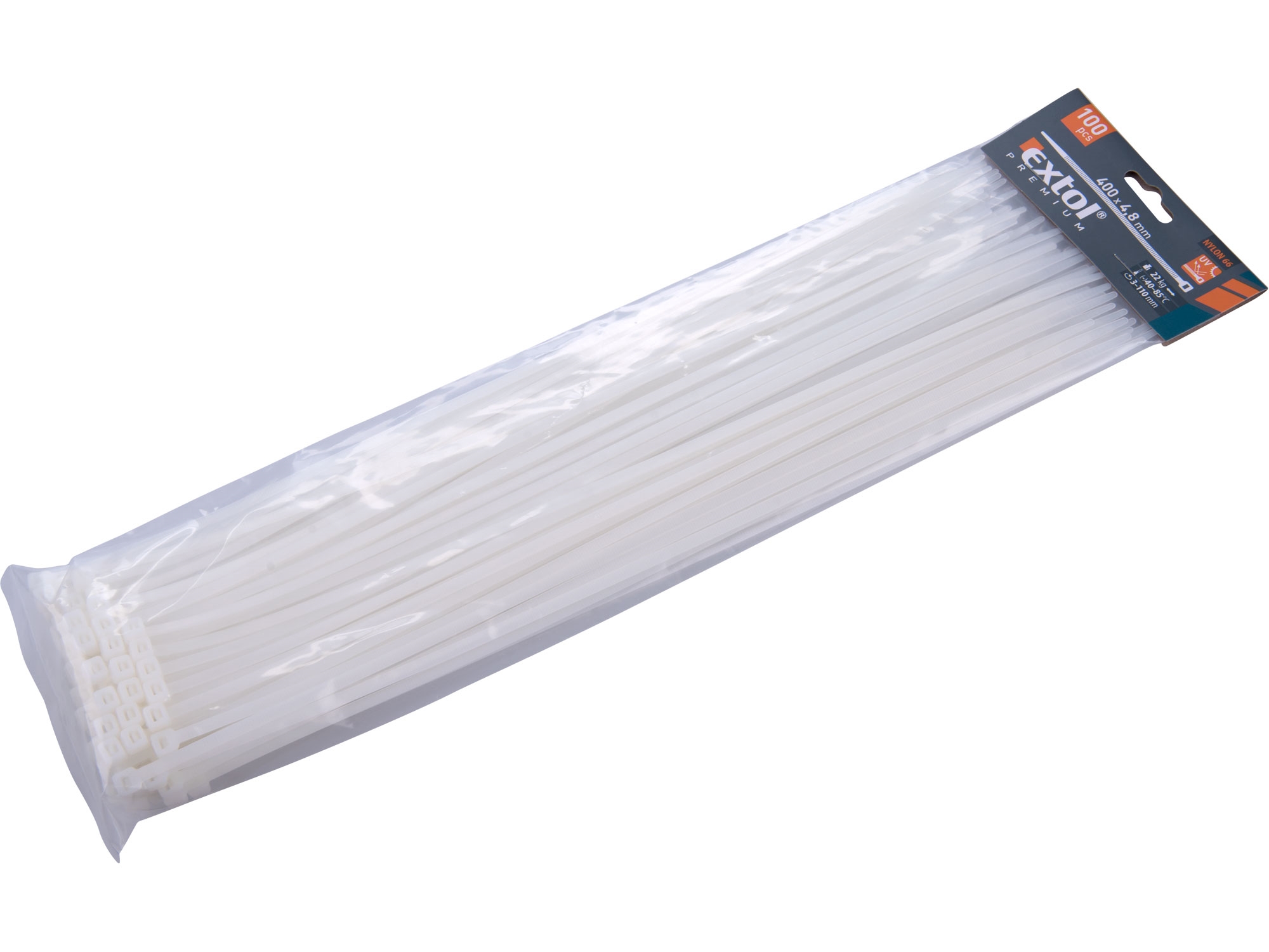 pásky stahovací na kabely bílé, 400x4,8mm, 100ks, nylon PA66 - EXTOL PREMIUM