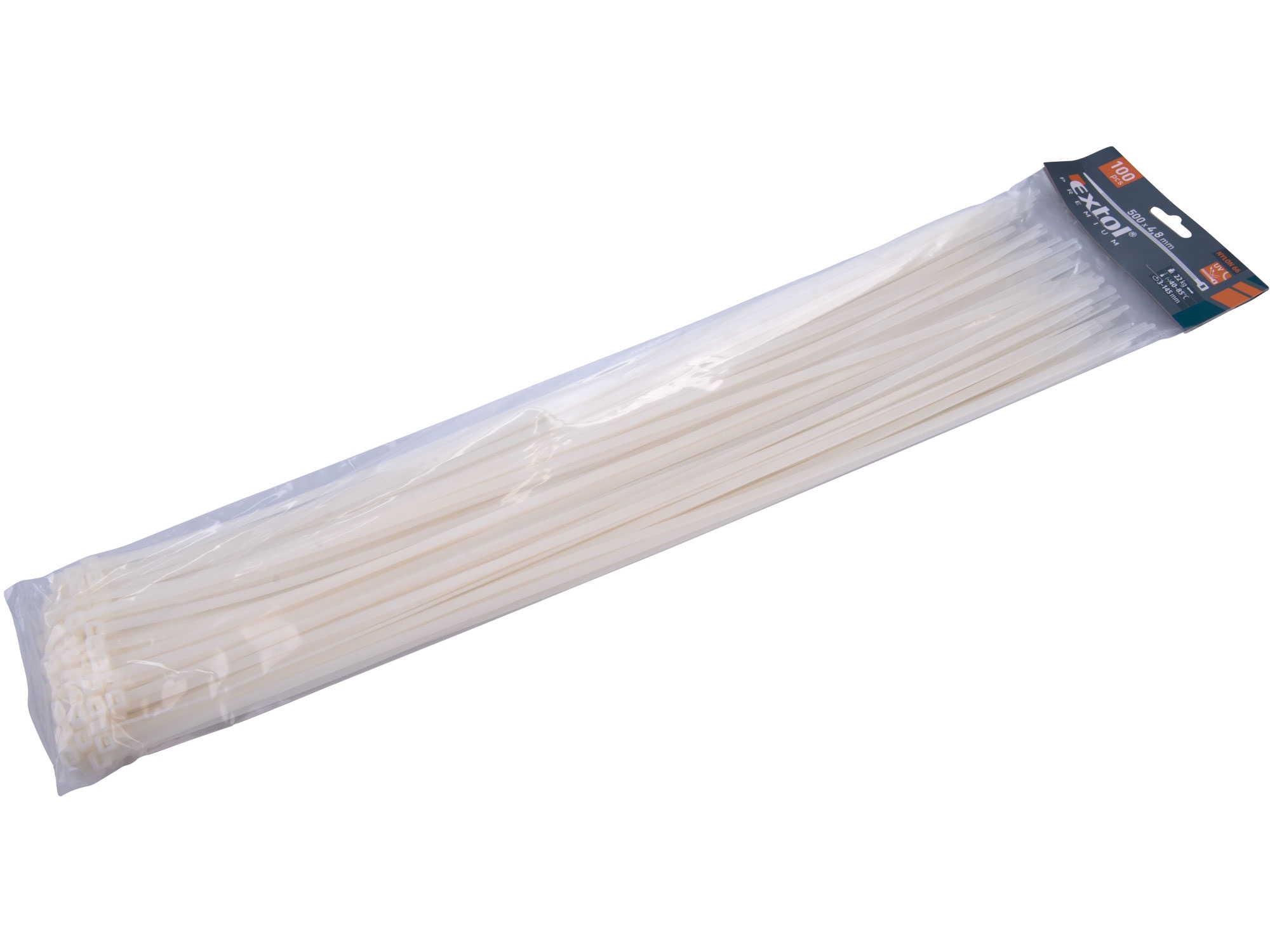 pásky stahovací na kabely bílé, 500x4,8mm, 100ks, nylon PA66 - EXTOL PREMIUM