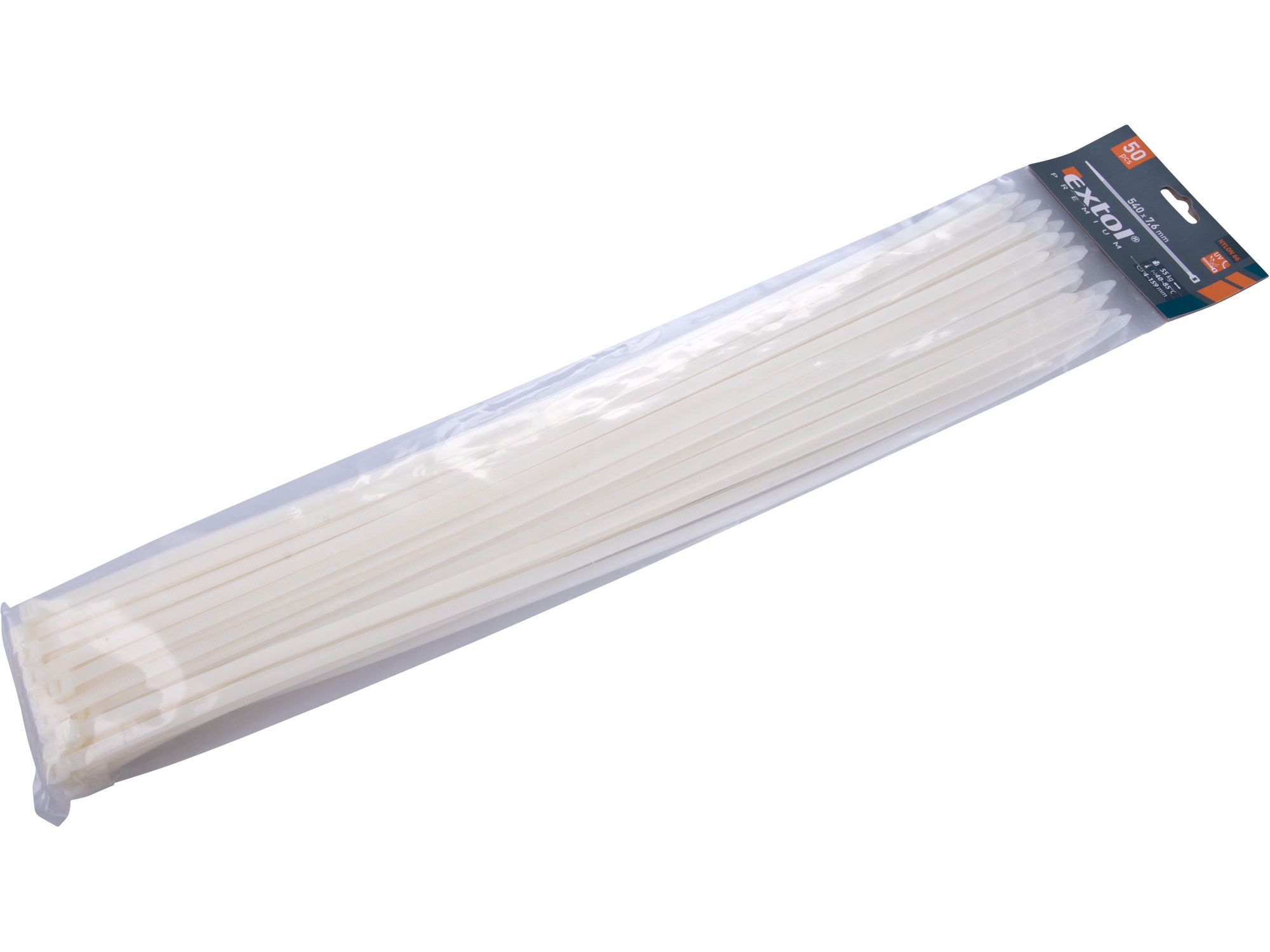 pásky stahovací na kabely bílé, 540x7,6mm, 50ks, nylon PA66 - EXTOL PREMIUM