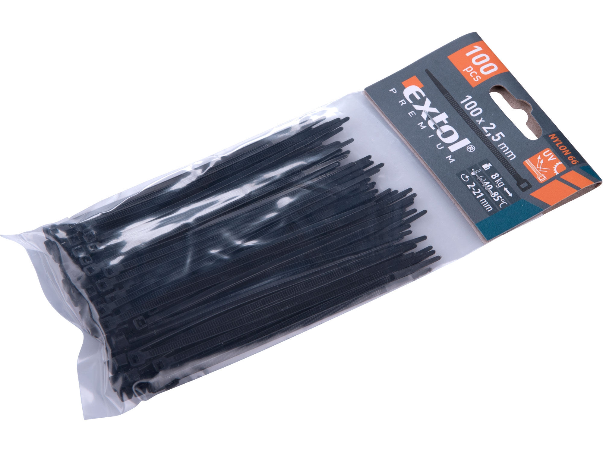 pásky stahovací na kabely černé, 100x2,5mm, 100ks, nylon PA66 - EXTOL PREMIUM