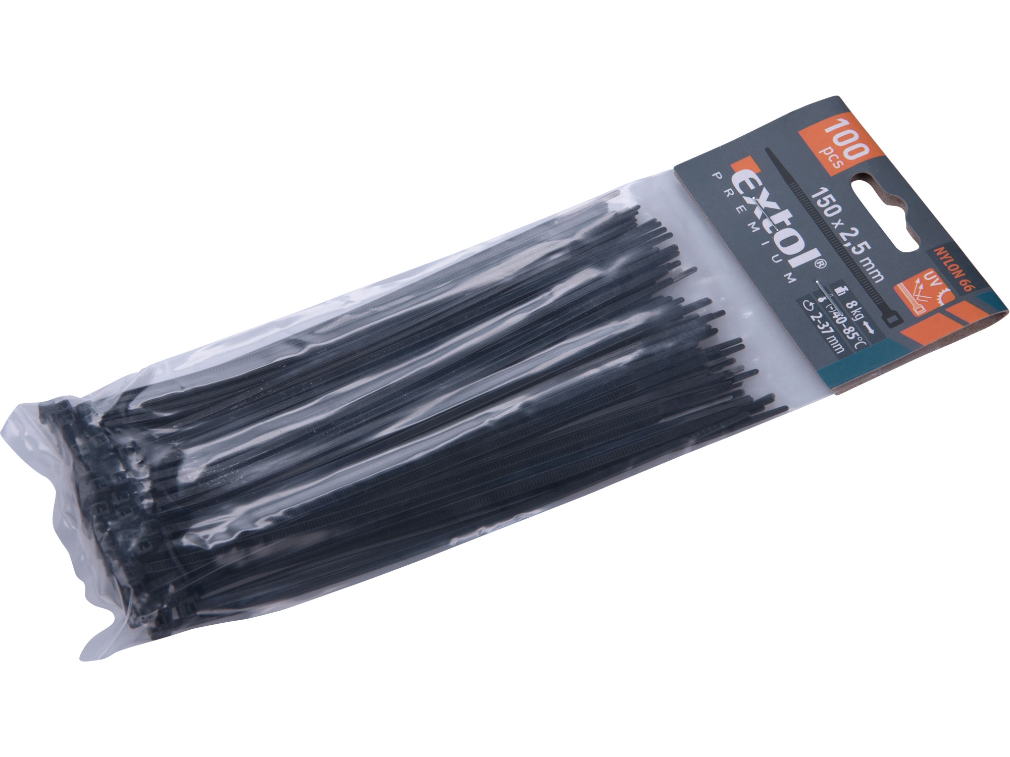 pásky stahovací na kabely černé, 150x2,5mm, 100ks, nylon PA66 - EXTOL PREMIUM