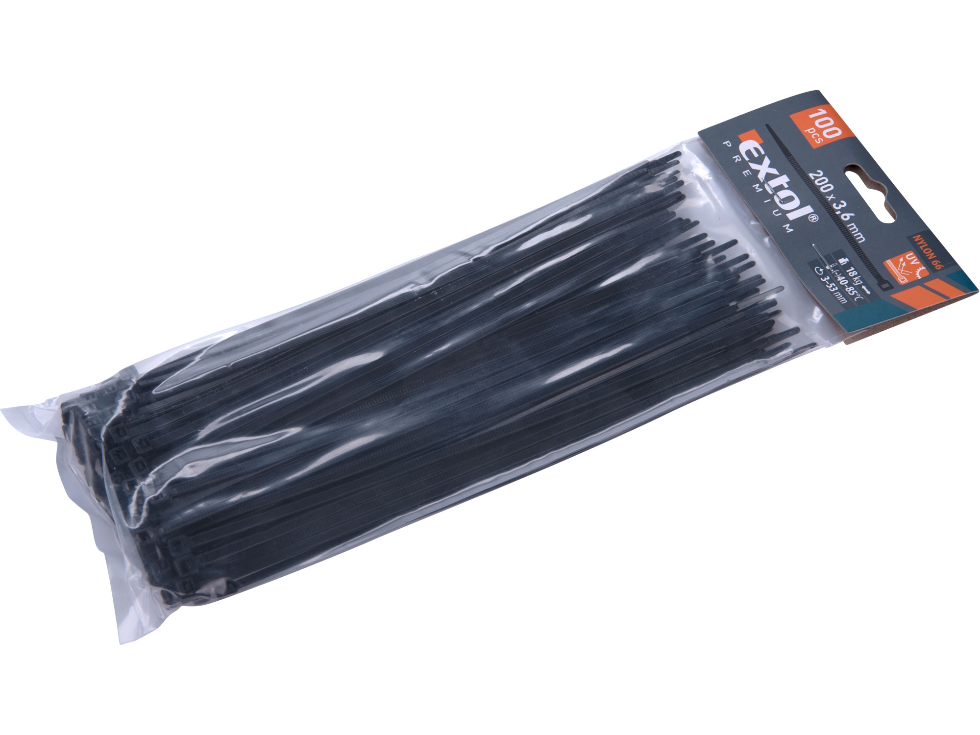 pásky stahovací černé, 200x3,6mm, 100ks, nylon, EXTOL PREMIUM 8856156