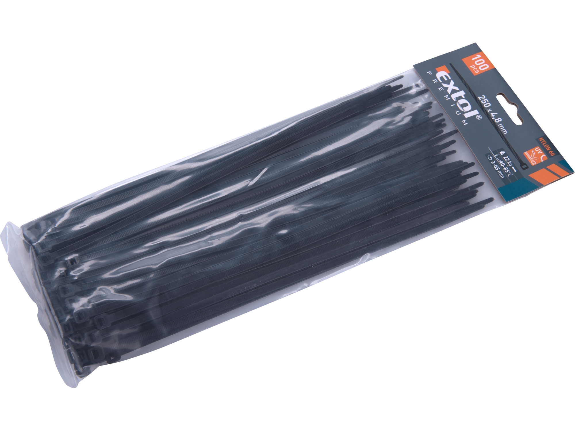 pásky stahovací černé, 250x4,8mm, 100ks, nylon, EXTOL PREMIUM 8856160