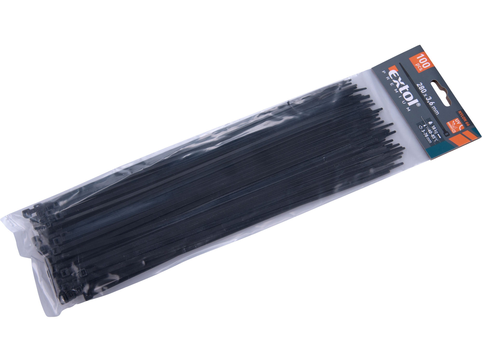 pásky stahovací černé, 280x3,6mm, 100ks, nylon, EXTOL PREMIUM 8856158