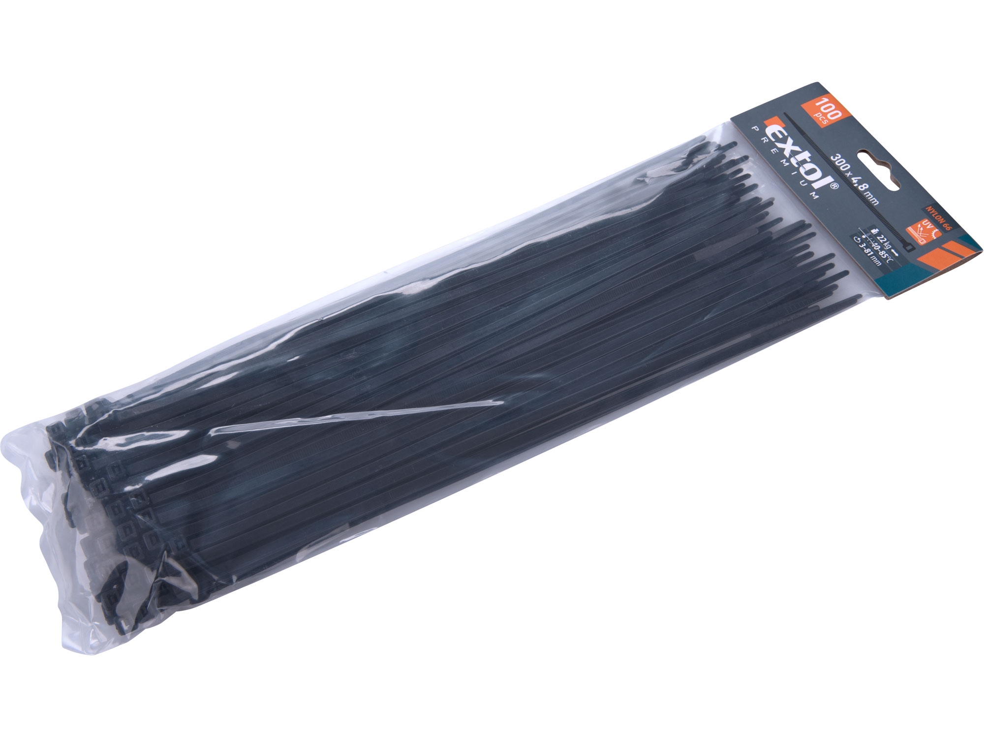 pásky stahovací černé, 300x4,8mm, 100ks, nylon, EXTOL PREMIUM 8856162