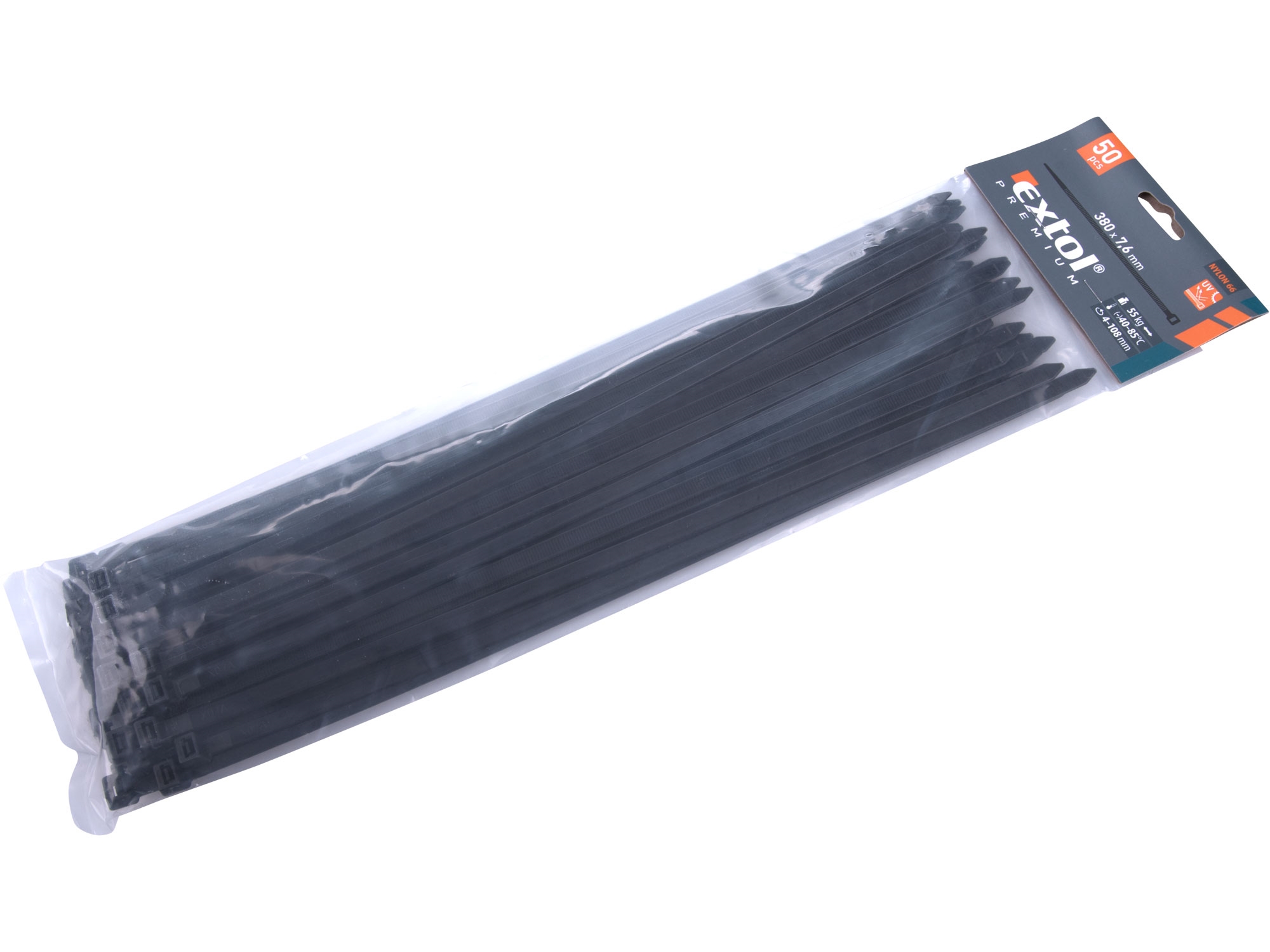 pásky stahovací černé, 380x7,6mm, 50ks, nylon, EXTOL PREMIUM 8856170