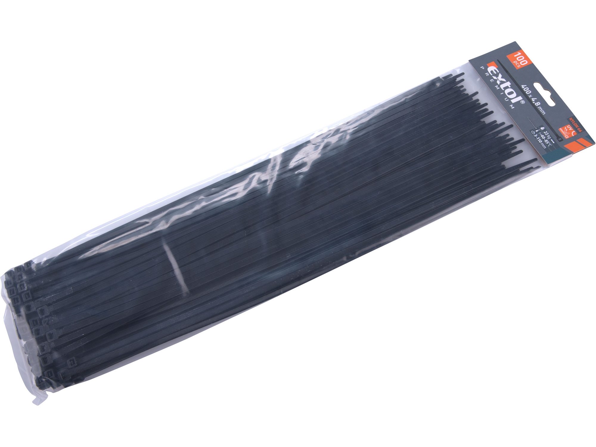 pásky stahovací černé, 400x4,8mm, 100ks, nylon, EXTOL PREMIUM 8856166