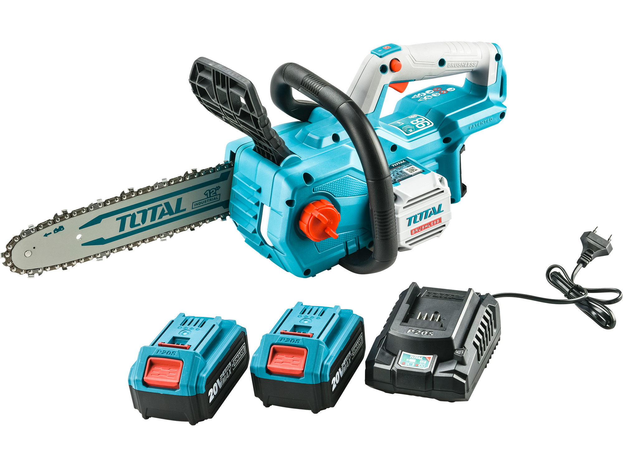 Pila řetězová aku 900W, BRUSHLESS, 20V Li-ion, 4000mAh (2x), nabíječka, 30cm