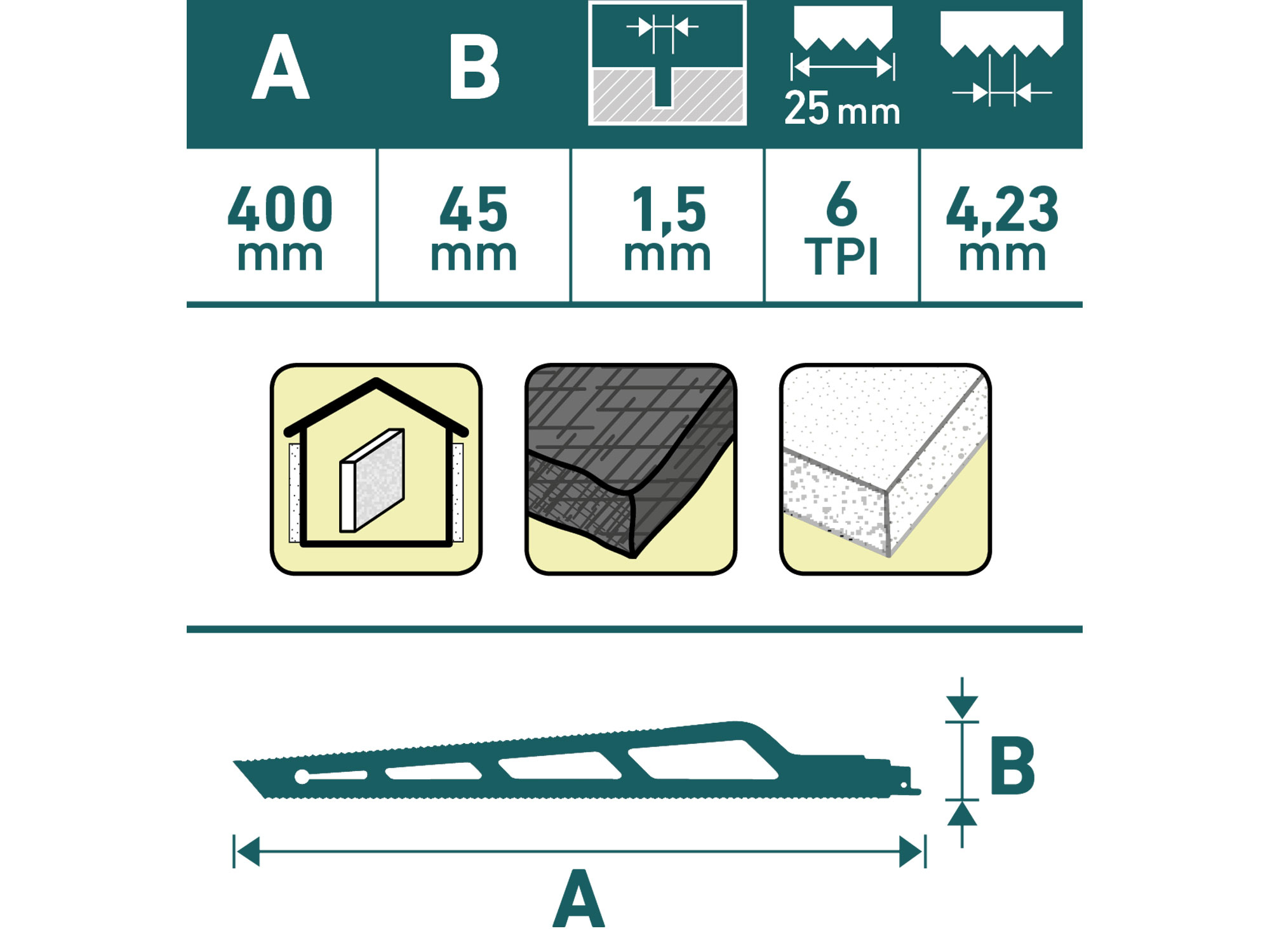 plátek do pily ocasky na izolační mat./oboustranný, 400x45x1,5mm, nerez