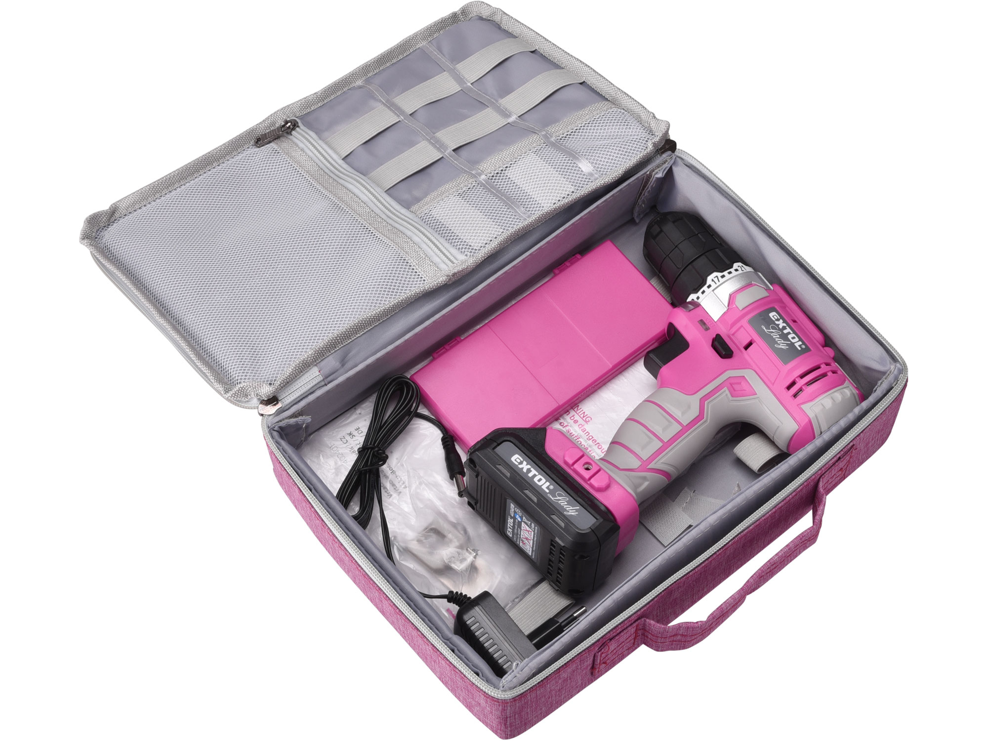 POŠK. OBAL vrtací šroubovák aku, růžový, 12V Li-ion, 1300mAh, v tašce
