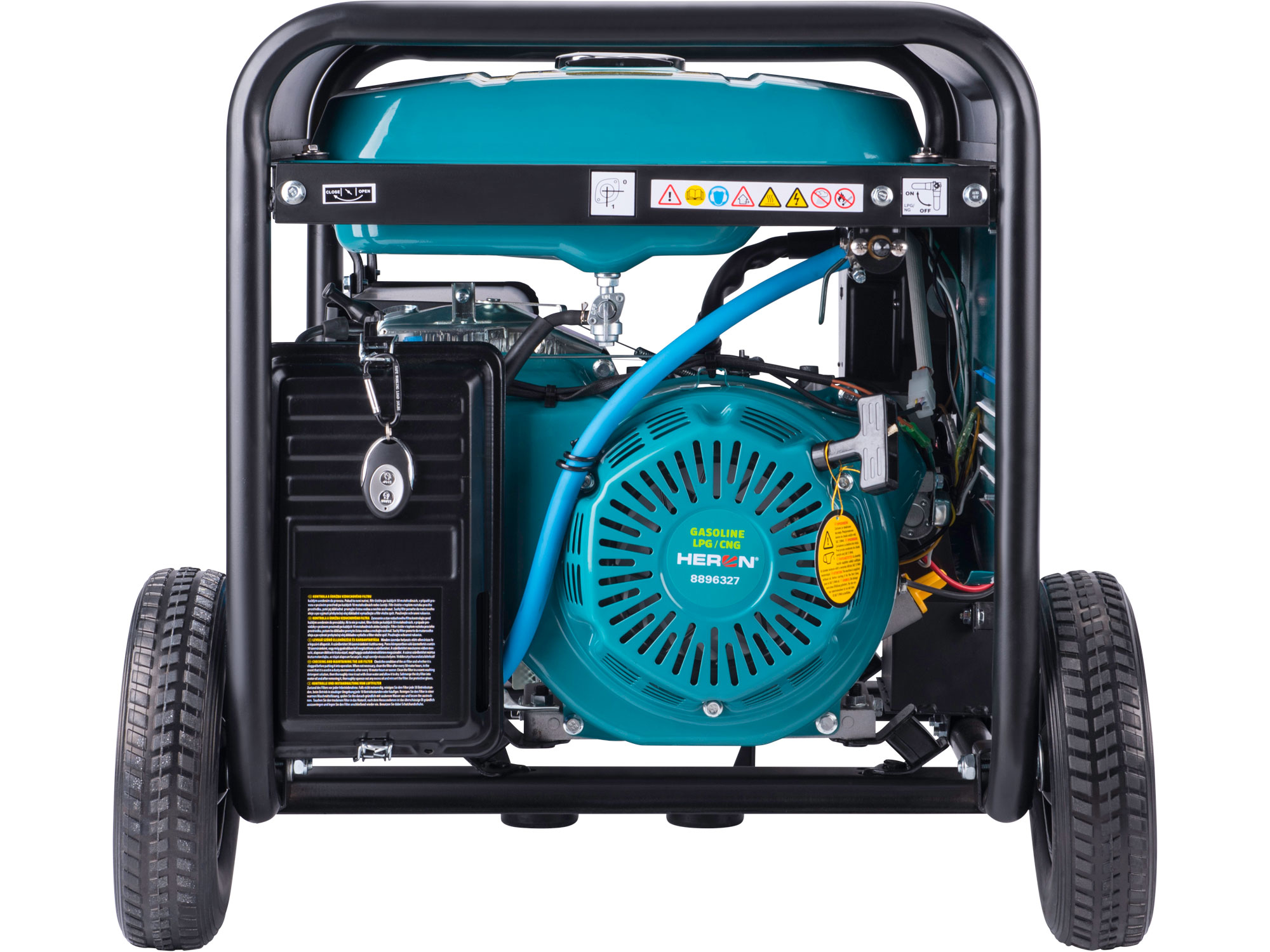 REPAS elektrocentrála benzínová a plynová (LPG/NG) 17HP/8,2kW/10,2kVA (400V), 6,5kW (230V), elektrický start, dálkové ovládání, podvozek