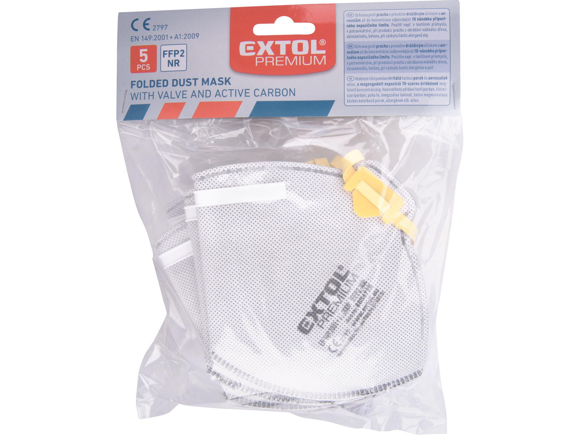 respirátory sada 5ks s výdechovým ventilem a aktivním uhlíkovým filtrem, třída FFP2 NR, skládací