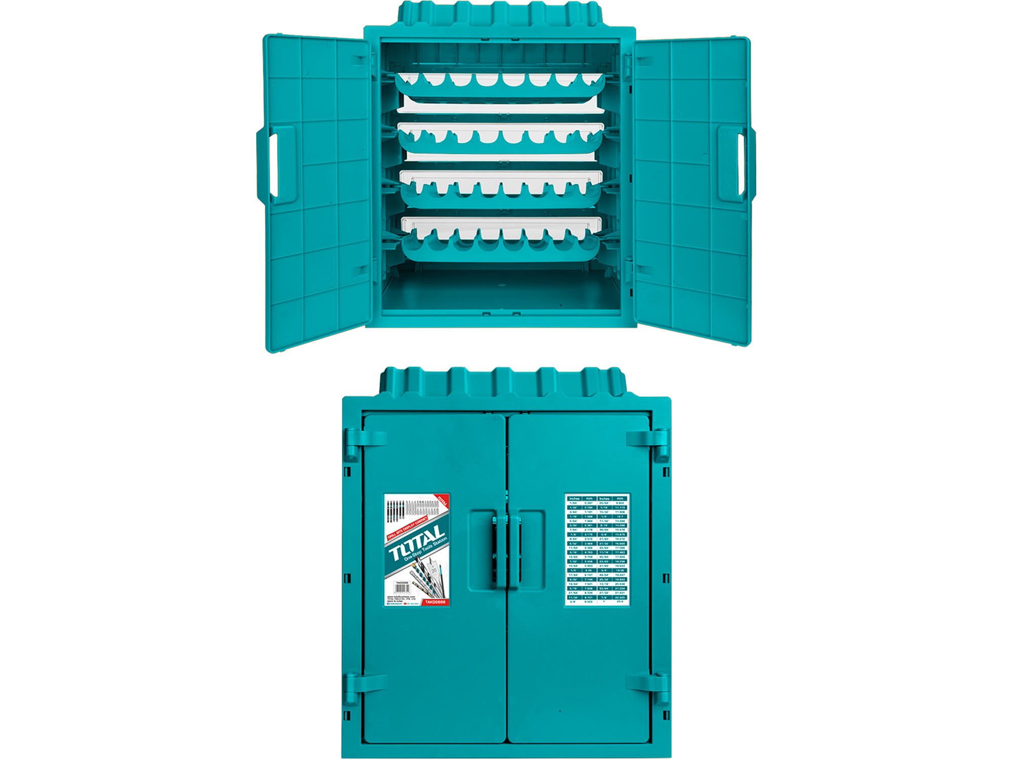 Skříňka na vrtáky, rozměry 340x320x430mm, 4 poschodí, 8 přihrádek na každém poschodí